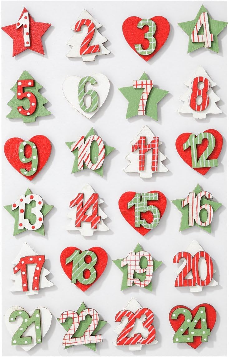 Mini wooden numbers set from 1 to 24 in colourful star, tree and heart shapes; height approximately 2.7 cm