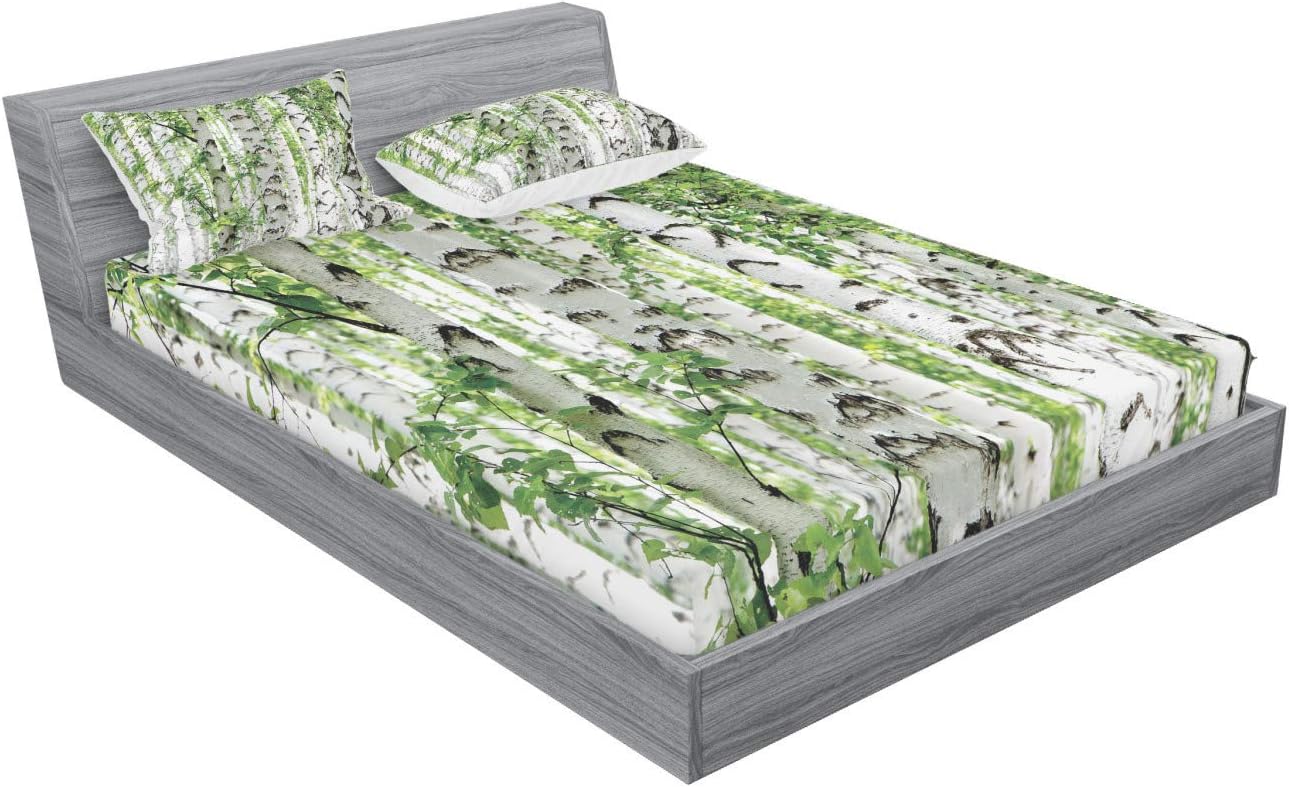 Ambesonne Woodland Fitted Sheet & Pillow Sham Set, Birch Trees in The Forest Summertime Wildlife Nature Outdoors Themed Picture, Decorative Printed 3 Piece Bedding Decor Set, Full, White Grey Green