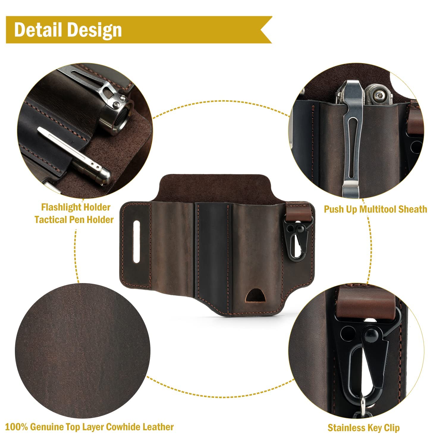 VIPERADE PJ29 EDC Guaina in pelle, Multitools Guaina/Strumenti Fondina/Coltello Cintura Guaina/Torcia Guaina per Multitools/Coltelli Guaina, Handmade 3 Tasche Organizer Guaina