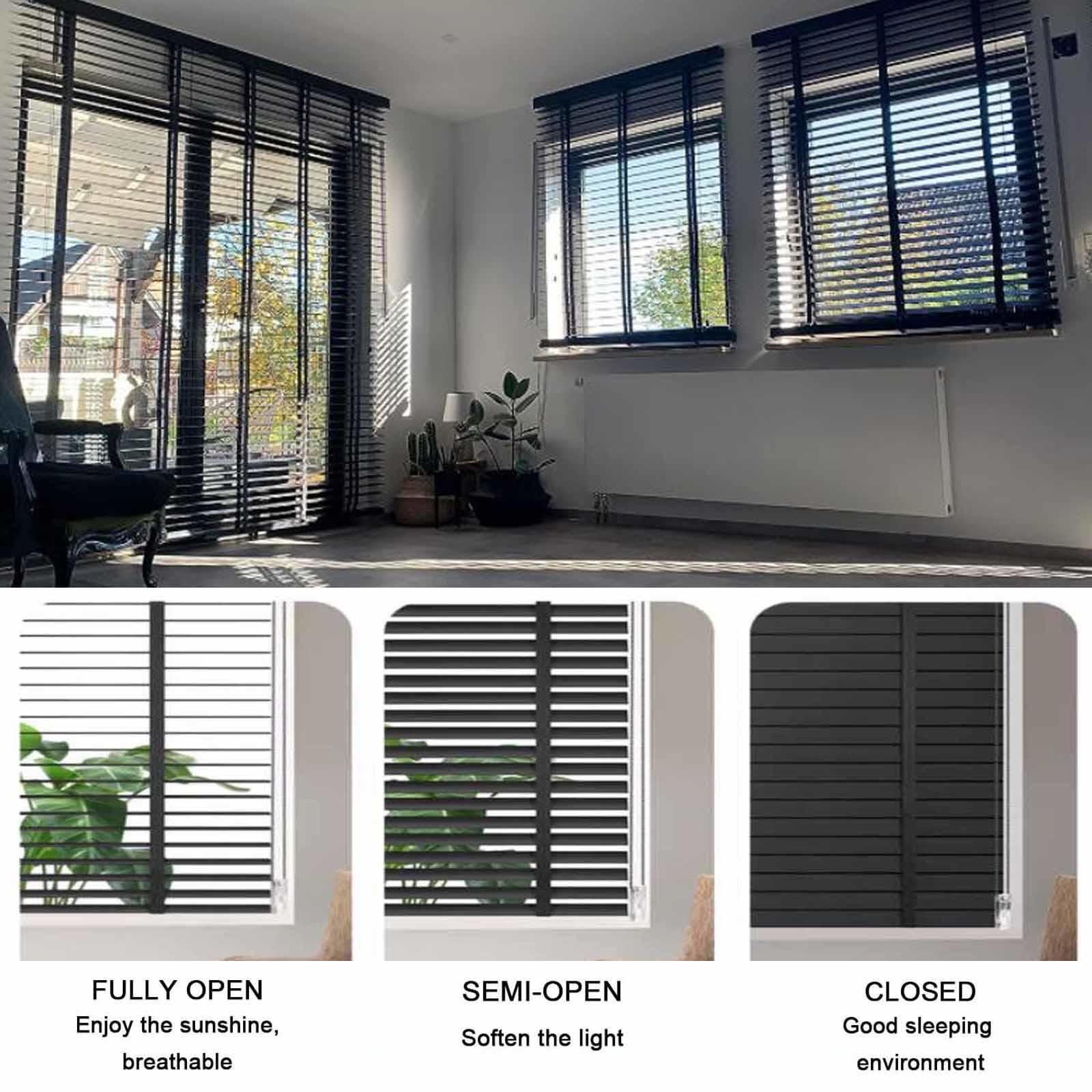 Holzjalousie für Fenster,Verdunkelungs Fensterjalousie,schwarz Jalousette Echtholz für Haus,Büro,mit 50mm Lamellen,120/160/180cm,horizontale Holz Jalousie,Sichtschutz,W×H-90x250cm/35.5x98in