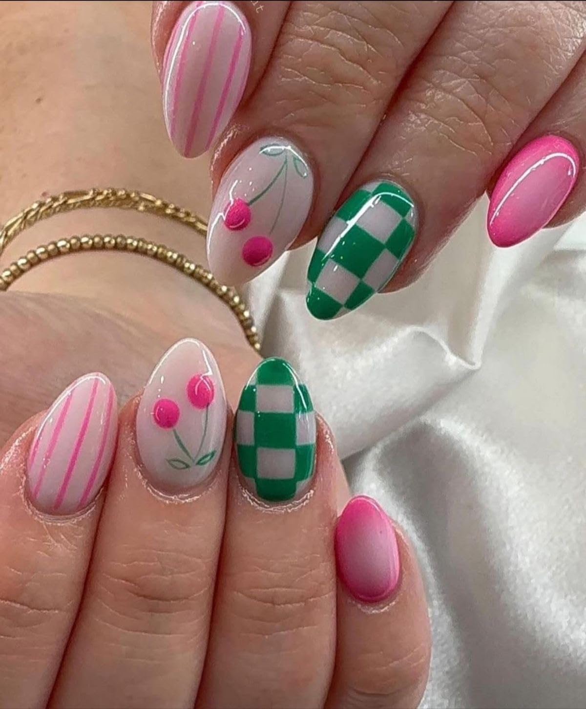 Press-On Nails, Almond Shape, Pink and Green, Cherry and Checkered Design, with Free Application Kit-image-18