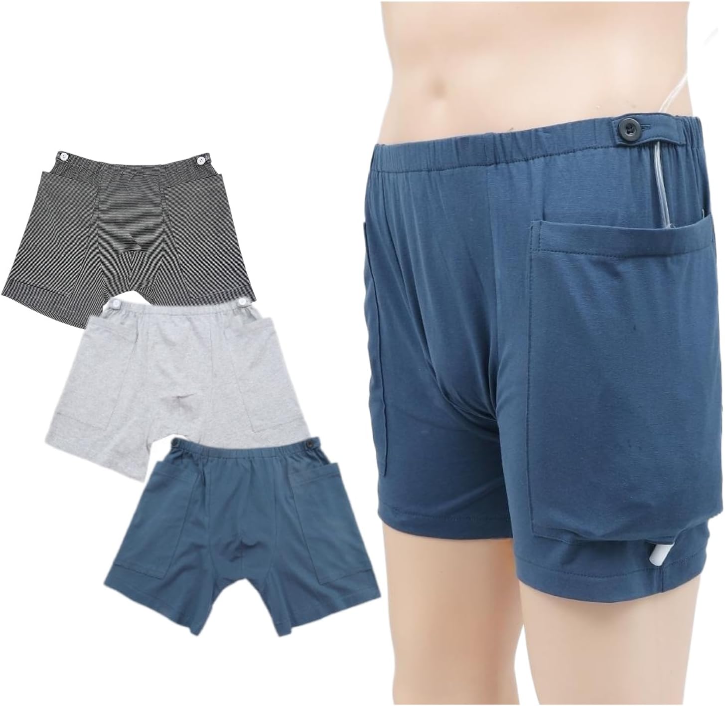 Urine Bag Shorts for Men, Ostomy Drainage Bag Underwear with 2 Pockets (3XL) | Decent catheter underwear for elderly; Convenient Side Pockets; built-in fasteners to secure nephrostomy drainage bag