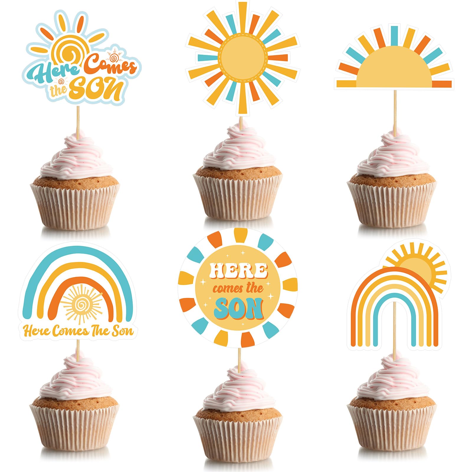 Soaoo 60 decorazioni per cupcake con scritta in lingua inglese "Here Comes the Son", per baby shower, feste di compleanno, matrimoni, decorazioni per torte e cupcake a tema sole