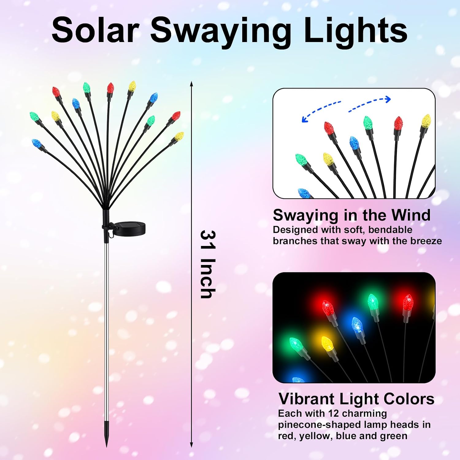 Rossesay 4 Pcs St Patricks Day Outdoor Decorations Solar Lights Waterproof Green 48 LED Swaying Pathway Firefly Stake Lights for Outside Yard Garden Lawn Decorations(Multicolor,Pine Cone)