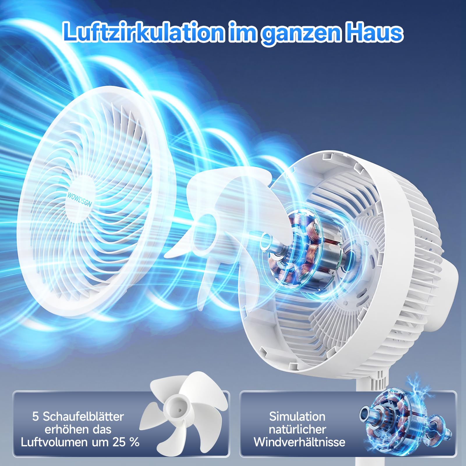 WOWDSGN Ventilateur 2-en-1 sur Pied & de Table, 3 Vitesses, Hauteur Réglable 36,8–106 cm, 38W Moteur Puissant à 5 Pales, Circulation d'Air pour Chambre