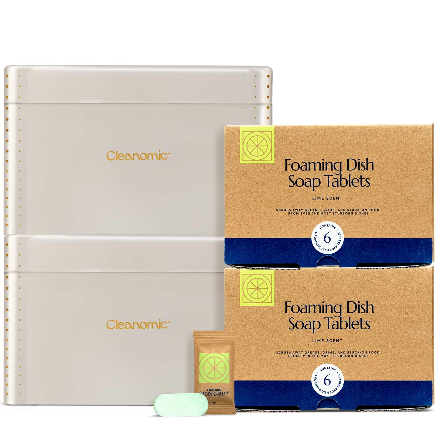 CLEANOMIC Foaming Dish Soap Tablets and Tablet Tin Bundle (2 Pack)