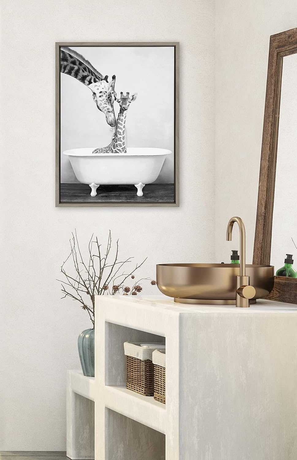 Kate and Laurel Sylvie Giraffe In Tub Framed Canvas Wall Art by Amy Peterson Art Studio; 18x24 Gray; Modern Fun Decorative Bathtub Wall Art for Home Décor