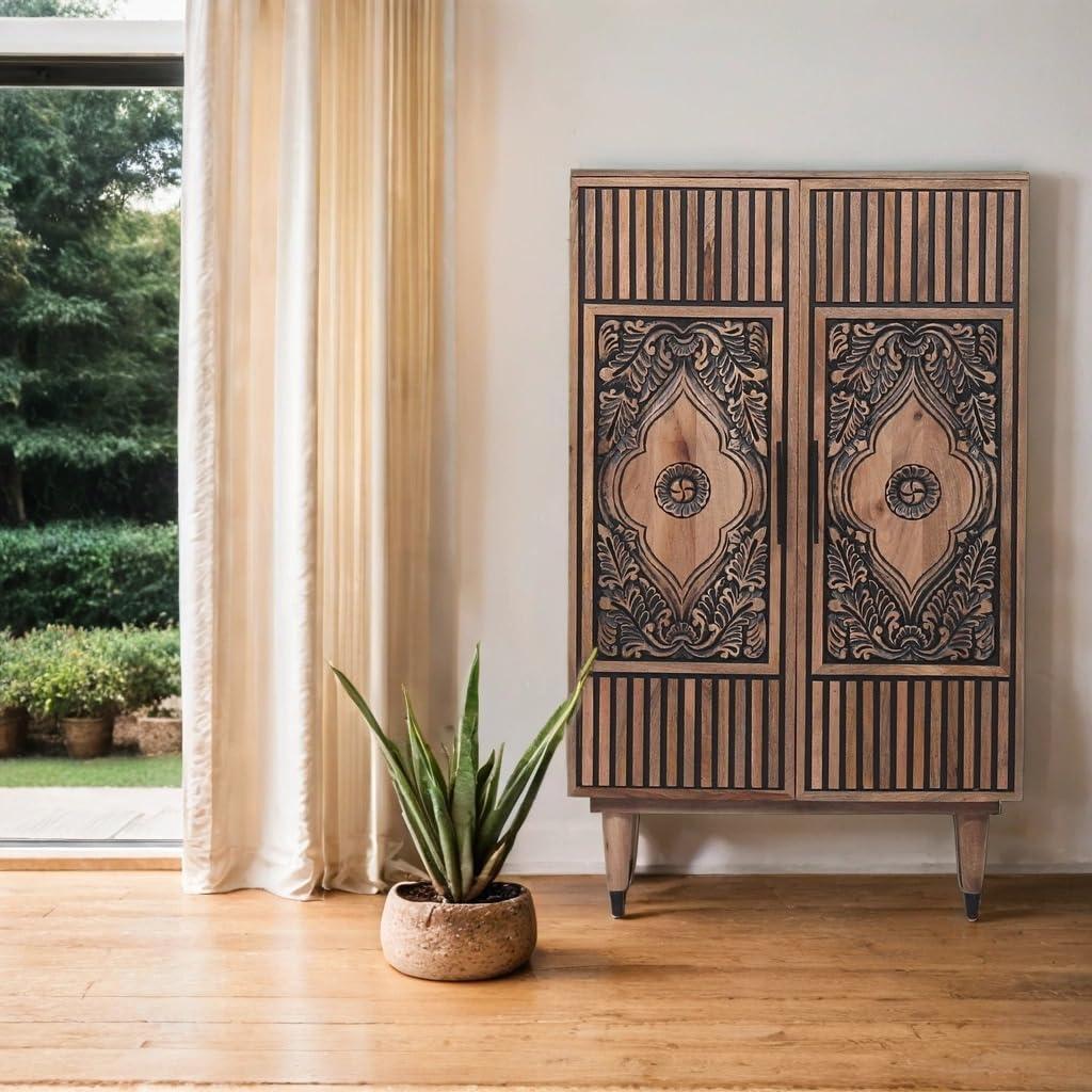 Marrakesch Armoire Adamina – Bois Massif, sculptée à la Main, 150 cm, Style bohème et Milieu du siècle