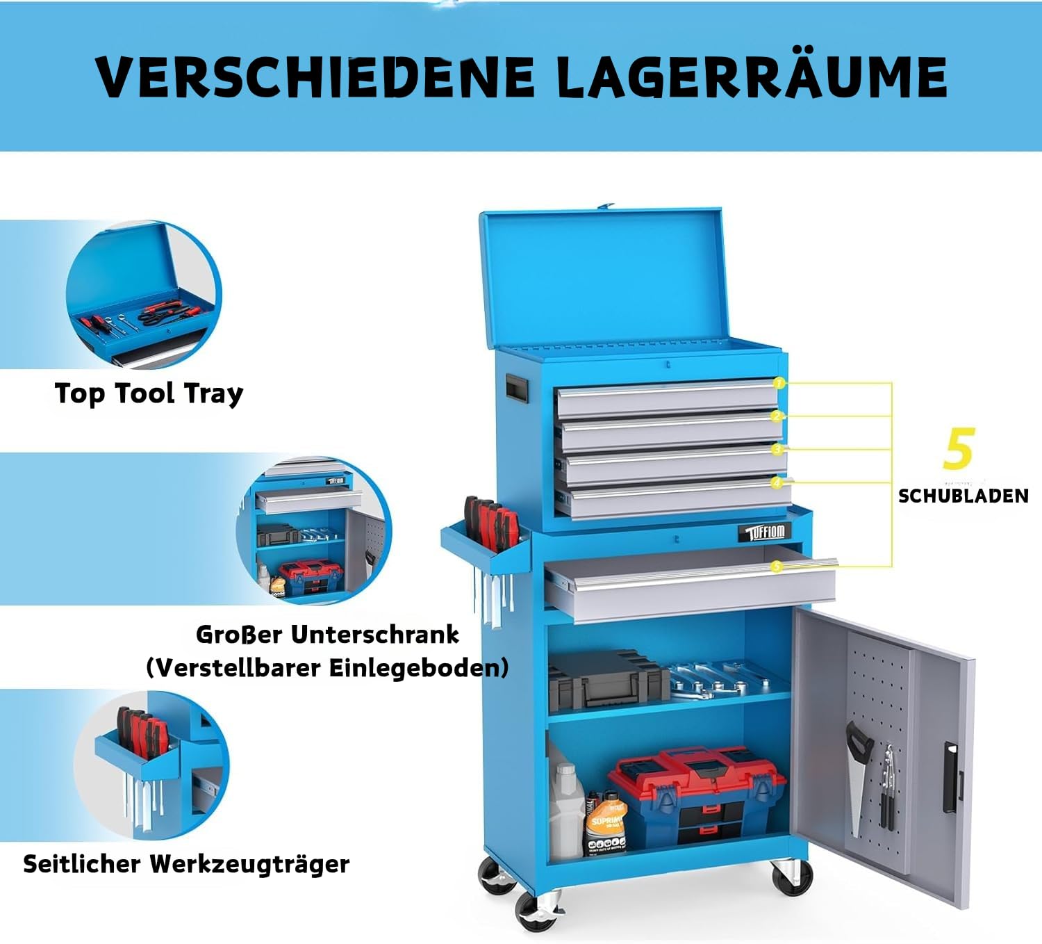 LEADZM Werkstattwagen leer, Werkzeugwagen leer, Werkzeugschrank mit Schloss, Koffer & 5 Fächer & verstellbarem Regal, Kugelgelagerte Schubladen, Metall, 52x28x102cm（Blau）