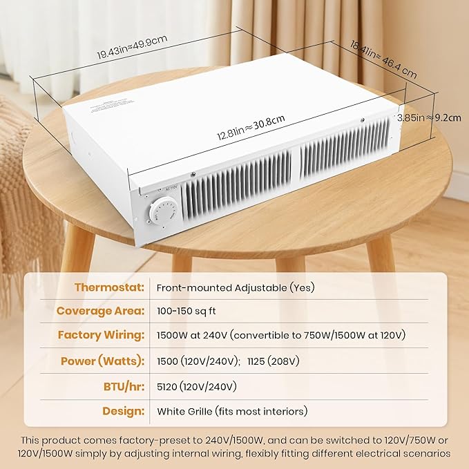 Calefactor Eléctrico de Zócalo 1500W 240V con Termostato y Calentamiento Rápido miniatura 2