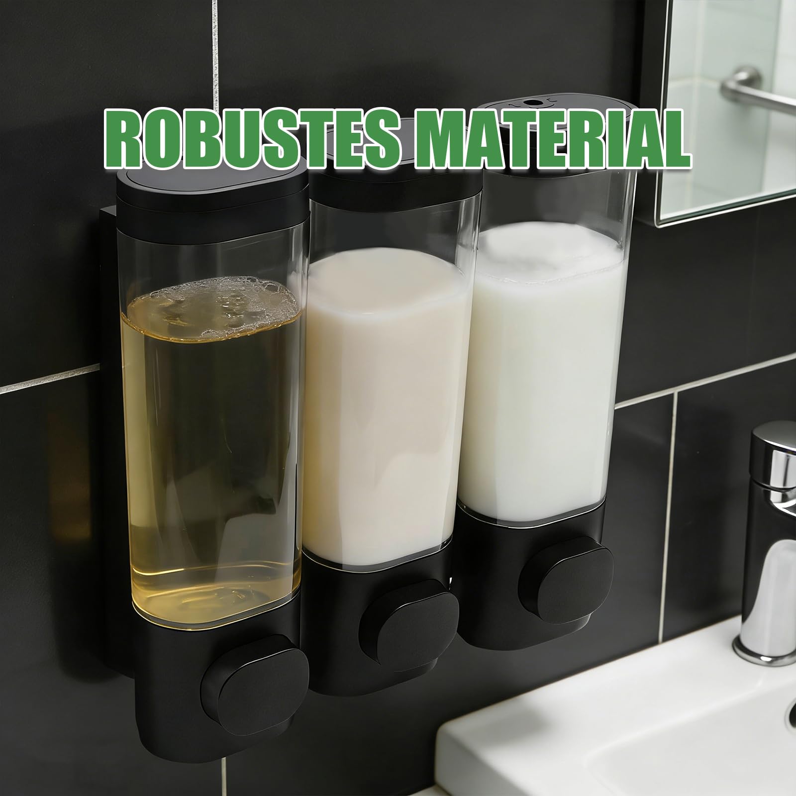 Hoypeyfiy Set dispenser per sapone a parete a 3 camere, dispenser per shampoo e gel doccia, installazione senza fori per l'organizzazione del bagno e della cucina (nero)