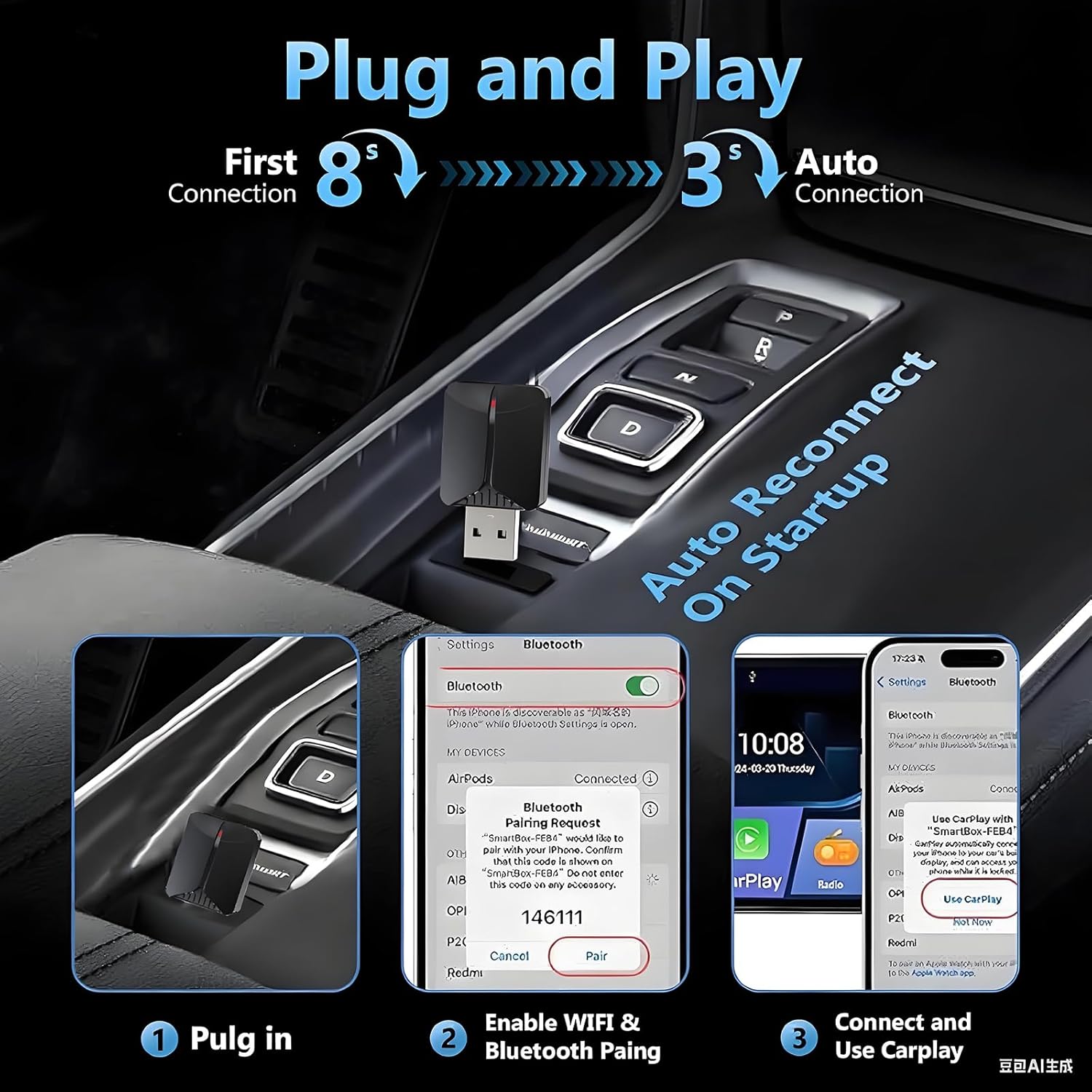 Mini Wireless CarPlay Adapter, Upgrade Wired CarPlay to Wireless for Cars with Built-in Wired CarPlay & Android Auto, Plug and Play Easy Use Fast Stable Connection for iPhone & Android - Image 5