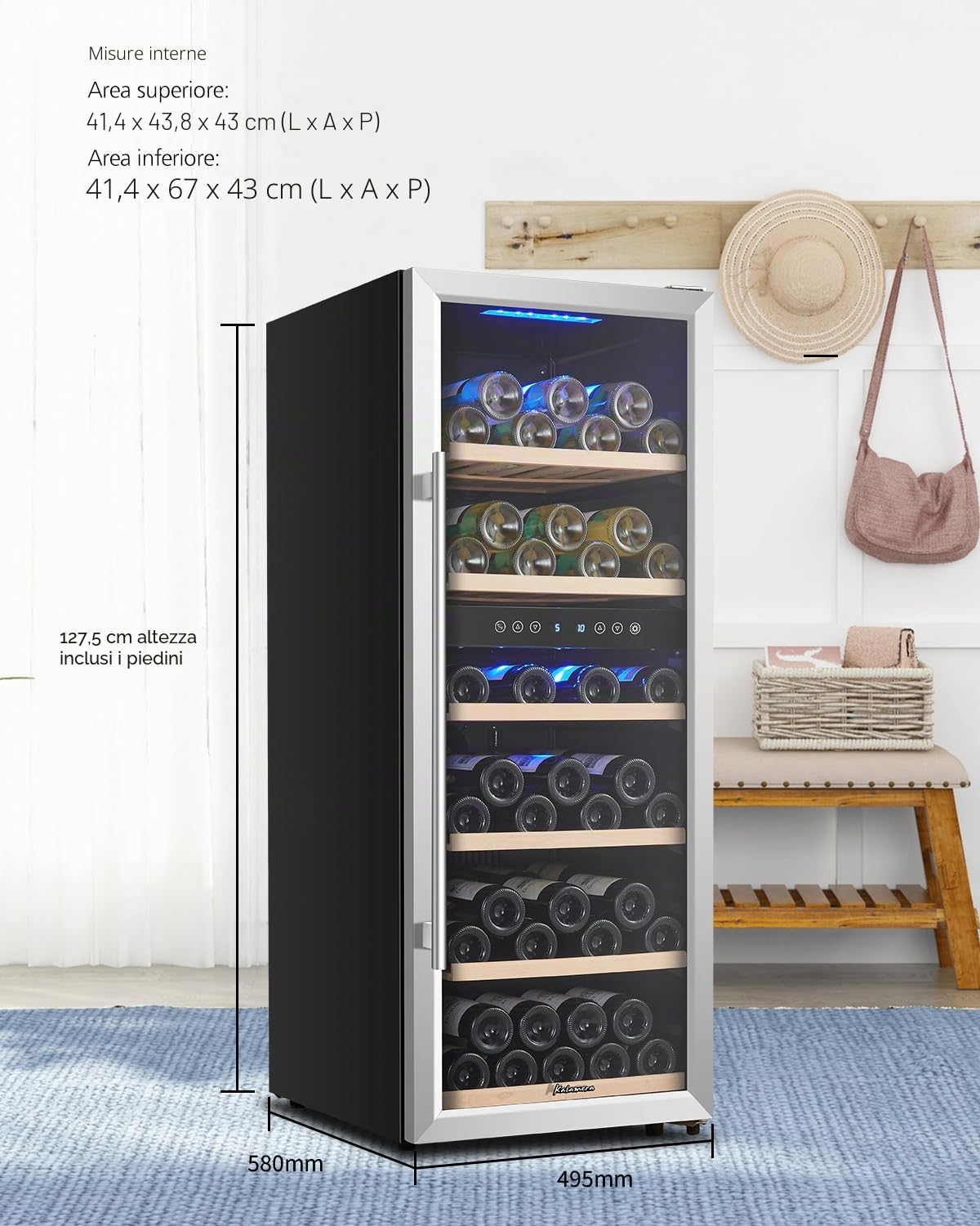 Kalamera KRC-73BSS Frigorifero Vino Designer, Fino a 73 Bottiglie (310mm Altezza), 2 Zone 5-10°C/10-18°C, Compressore, Pannello LED, Porta Inox Illuminata