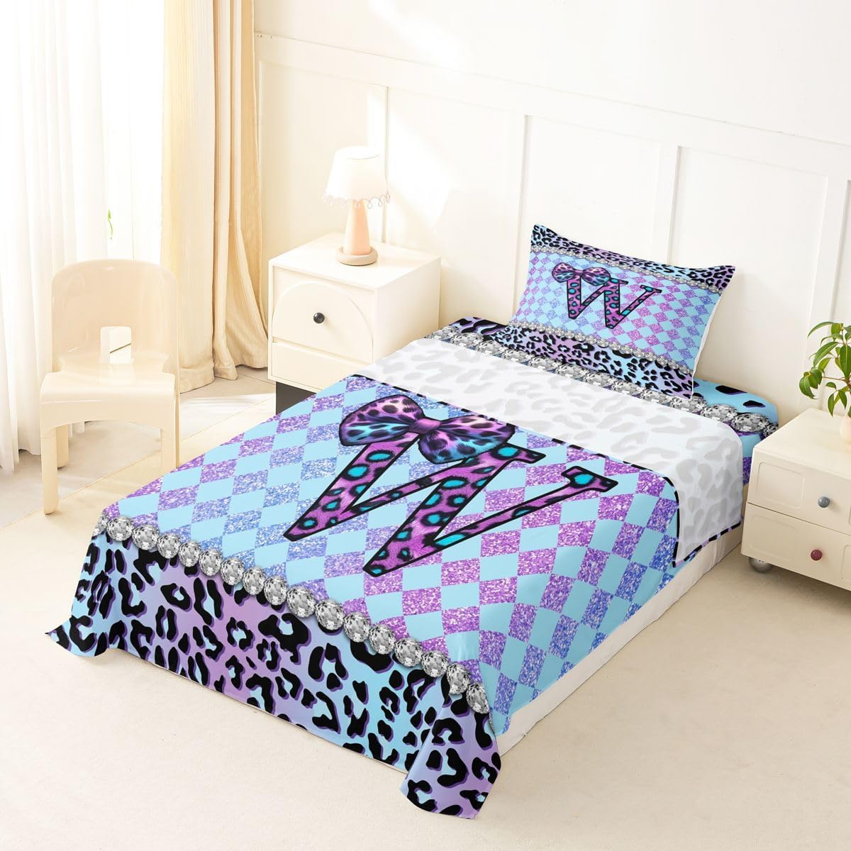 Erosebridal Leopard Print Initial Letter W Sheet Set Coquette Aesthetic Diamond Preppy Y2K Twin Sheets Set for Toddler Boys,Purple Teal Checked Grid Glam Feminine Bow Monogram Fitted Sheet