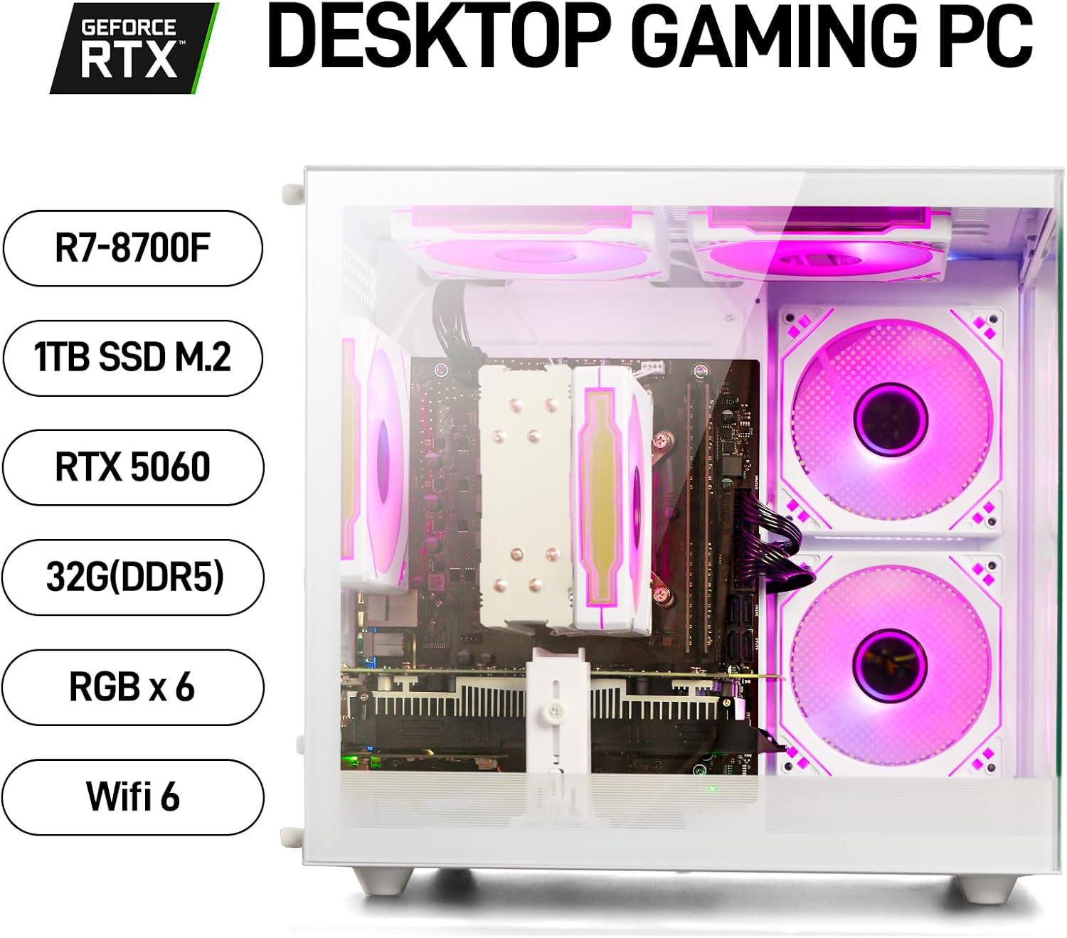 Gaming PC Desktop, Ryzen 7 8700F, GeForce RTX 5060(8G), 32GB DDR5 RAM, 1TB NVMe 3.0 SSD, Wi-Fi 6 650W PSU High-end Tower Computer (White) thumbnail