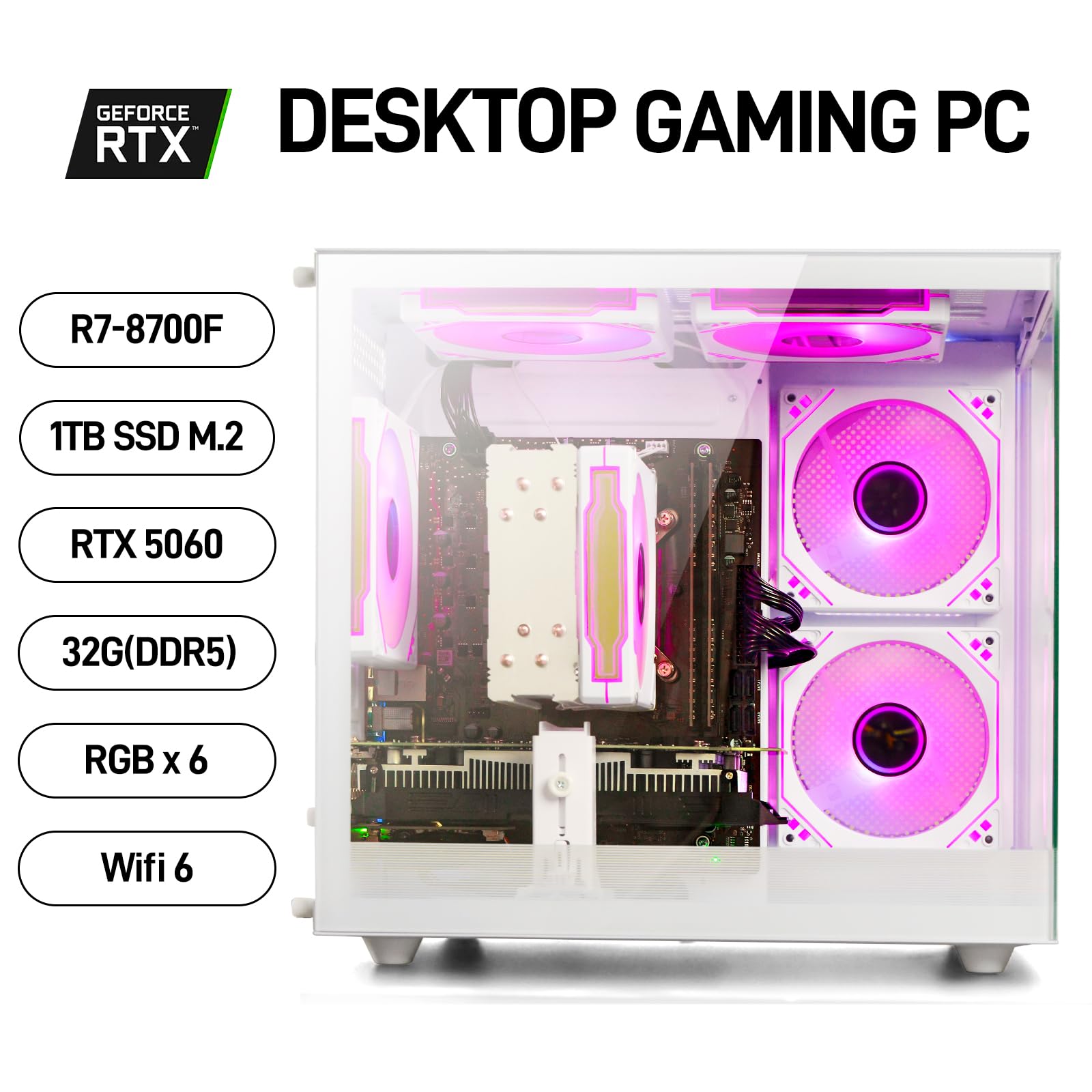 Gaming PC Desktop, Ryzen 7 8700F, GeForce RTX 5060(8G), 32GB DDR5 RAM, 1TB NVMe SSD, 650W PSU Tower Computer (White)