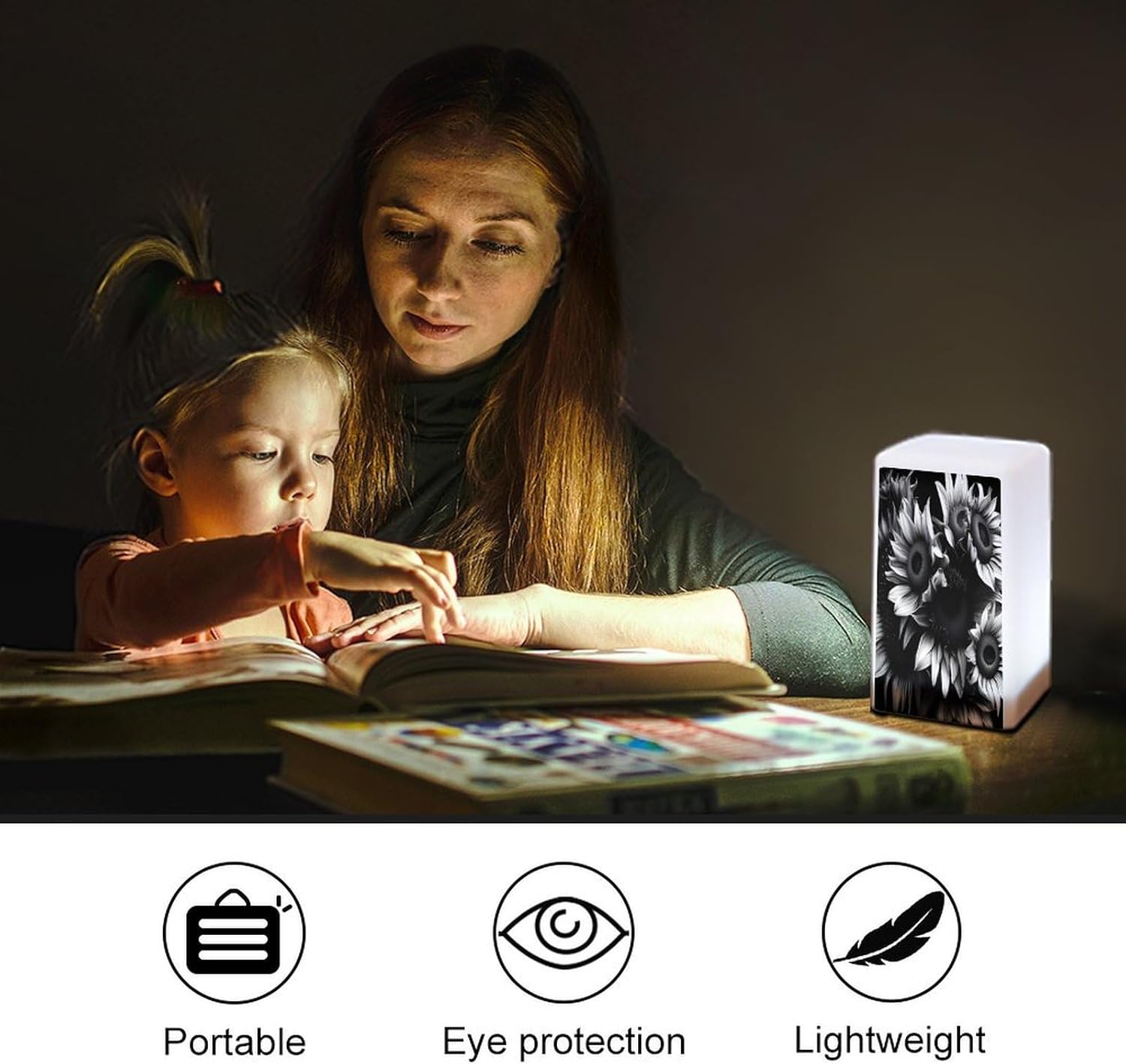 Cordless Night Light Battery Powered Dimmable Lamp for Reading Black and White Sunflowers Small Desk Lamp for Bedroom Living Room Office