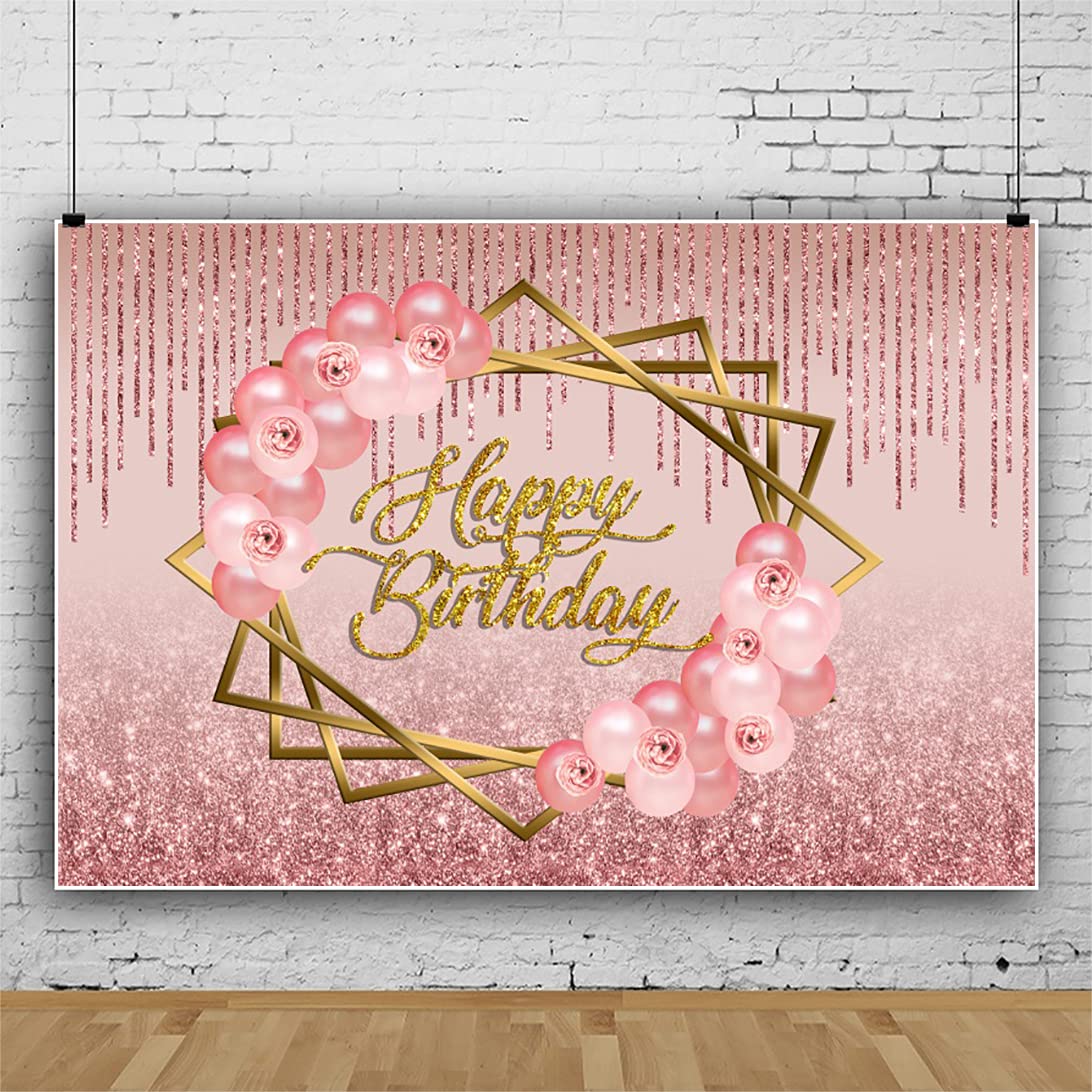 Glitter Happy Birthday Background for Women Pink Shiny Balloons Silver Ring Sweet Girl Birthday Party Background Decor A6 5x3ft/1.5x1m