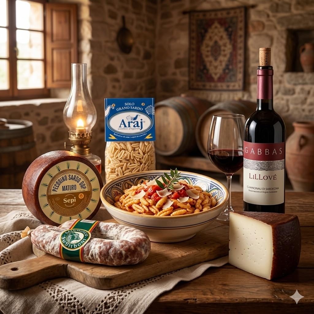 Cesto Regalo Sapori di Sardegna: Malloreddus, Cannonau Lillovè, Pecorino DOP, Salsiccia Sarda