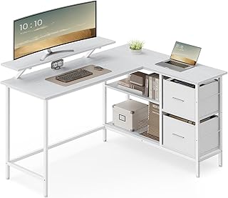 VASAGLE L-förmiger Schreibtisch, Eckschreibtisch, 2 geräumige Schubladen, Computertisch mit Monitorständer, mit Verstellbarer Ablage, für Homeoffice, ahornweiß LWD098W01