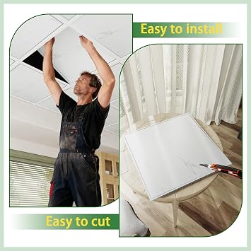24 PCS 2x2 Ft High-Strength Ceiling Tiles, 24x24 Inch Marble Minimalism Ceiling Panels, Rigid PVC Waterproof Washable Cuttable Material Ideal for Living Room Basement Cover 96 Sq.Ft