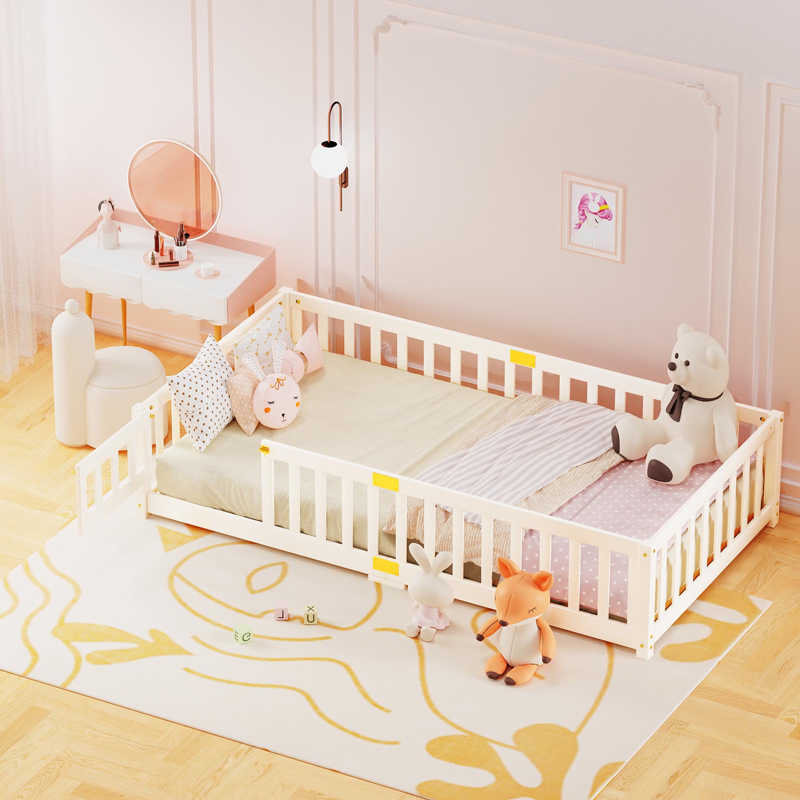 Montessori-Bodenbett 90×200 cm Kiefernholz massiv mit Rausfallschutz weiß für Kinder 1–3 Jahre