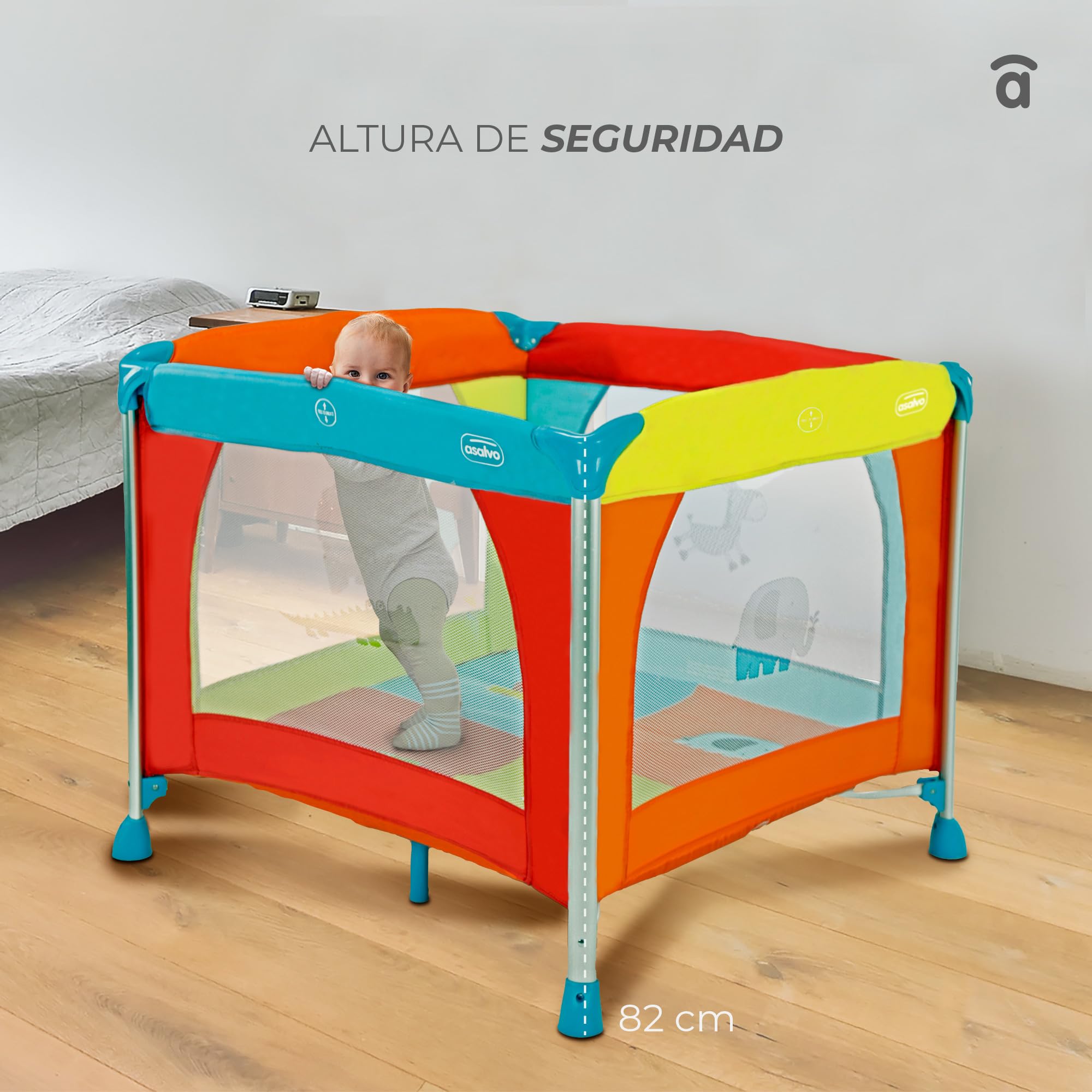 Parque Infantil ALUMINIUM 96x96 cm - Plegable, con Suelo Acolchado, Patas de Aluminio, Malla Transpirable y Bolsa de Transporte, Centro de Juegos Seguro para Bebés - Jungla de Colores Asalvo