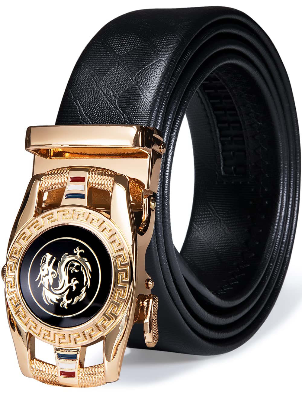 Cowhide Genuine Leather Belt Automatic Ratchet Buckle Gold Finish Gift Box