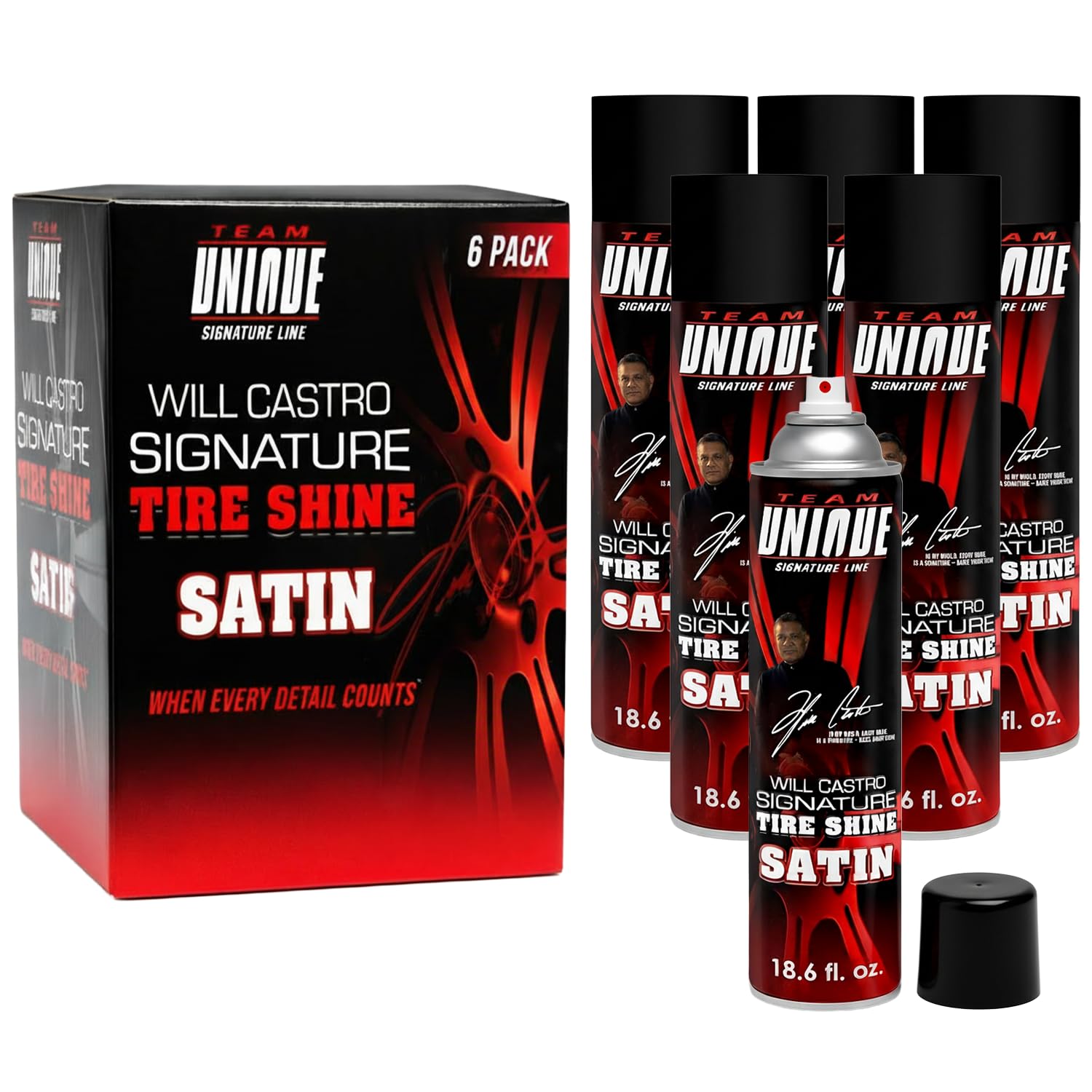 TEAM ÚNICO Tire Shine Satin - 510,3 g, lote de 6 | Fórmula avanzada para un brillo satinado duradero | Protege los neumáticos contra grietas y decoloración | Spray no graso, de baja eslinga