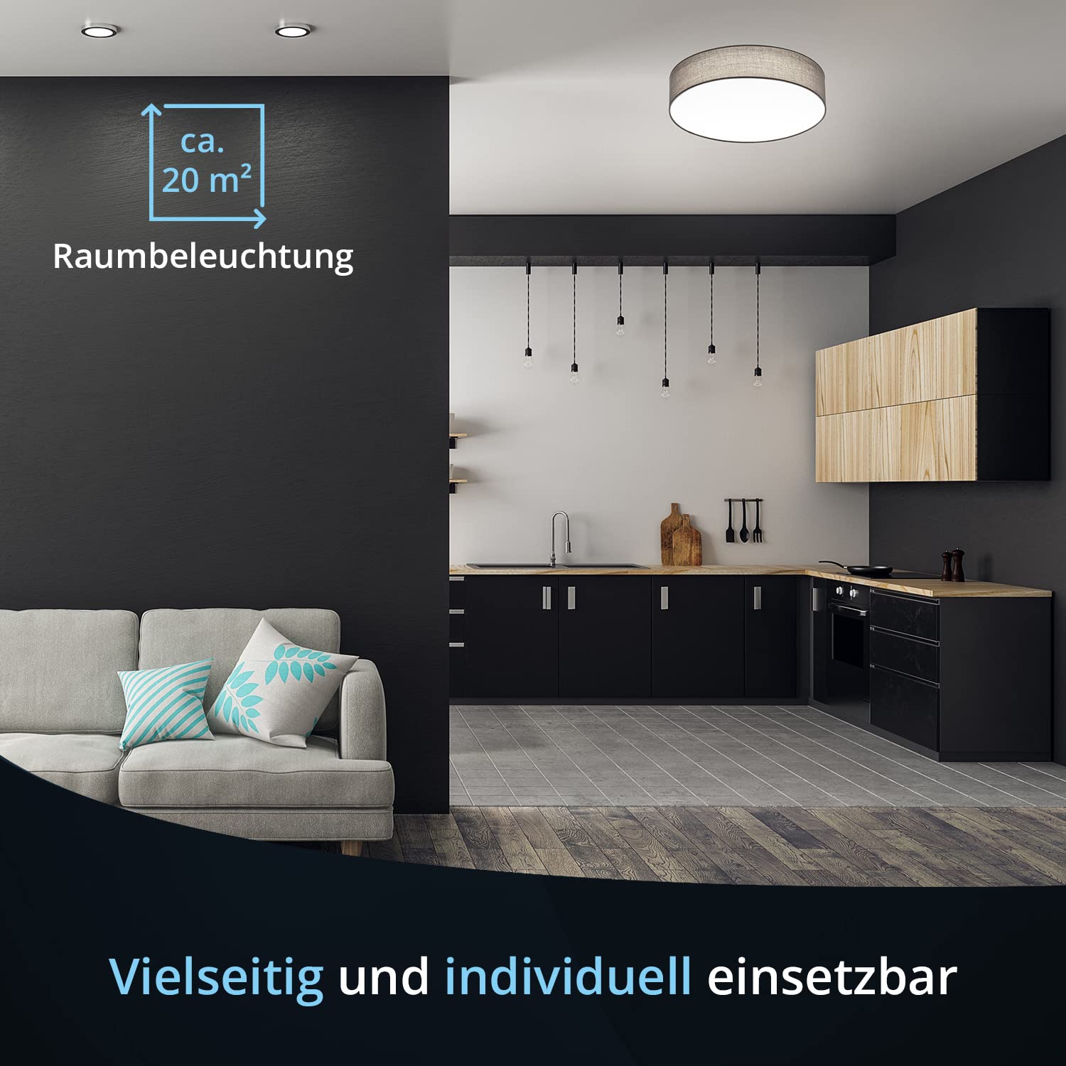 KHG LED-Deckenleuchte, dimmbar, Stoffschirm in grau, 1-flammig, Samt, FSC | Farbtemperatur 3.000 K, 2.080 lm Lichtleistung, 30 W Gesamtleistung, ideal für Wohnzimmer, Schlafzimmer, Küche und Büro