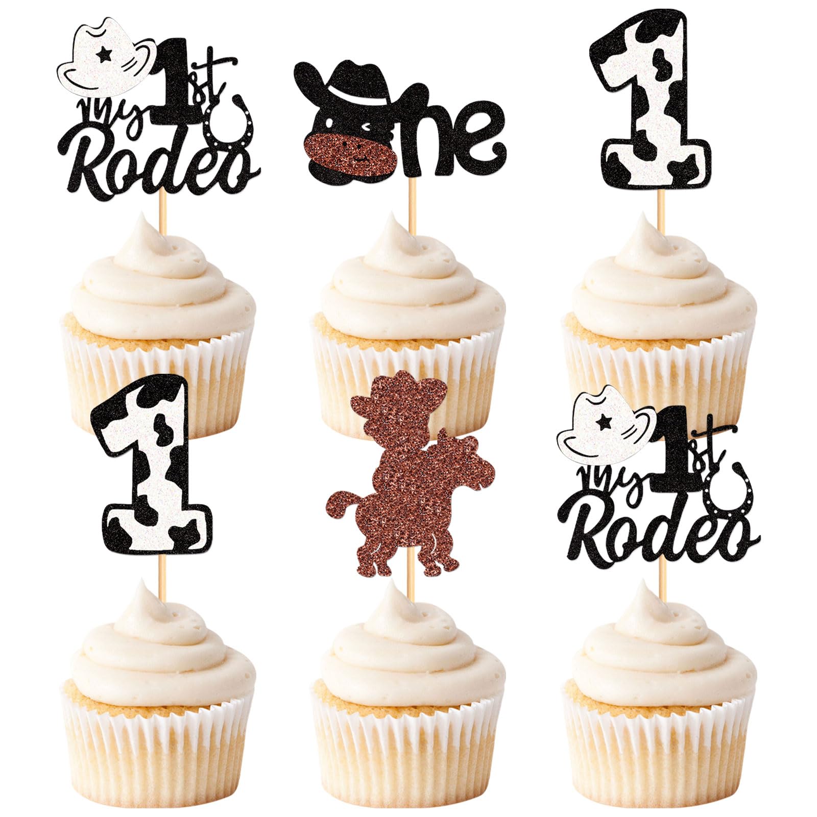 24PCS Cowboy My 1st Rodeo Cupcake Toppers Riding HorseShoe Cowboy Hats Western Theme Happy Birthday Baby Shower Party Cake Decorations Supplies Coffee