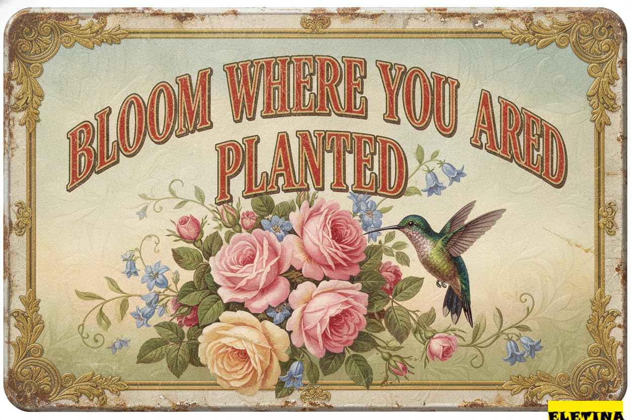 Bloom Where You Are Planted Hummingbird Tin Sign, 8x12