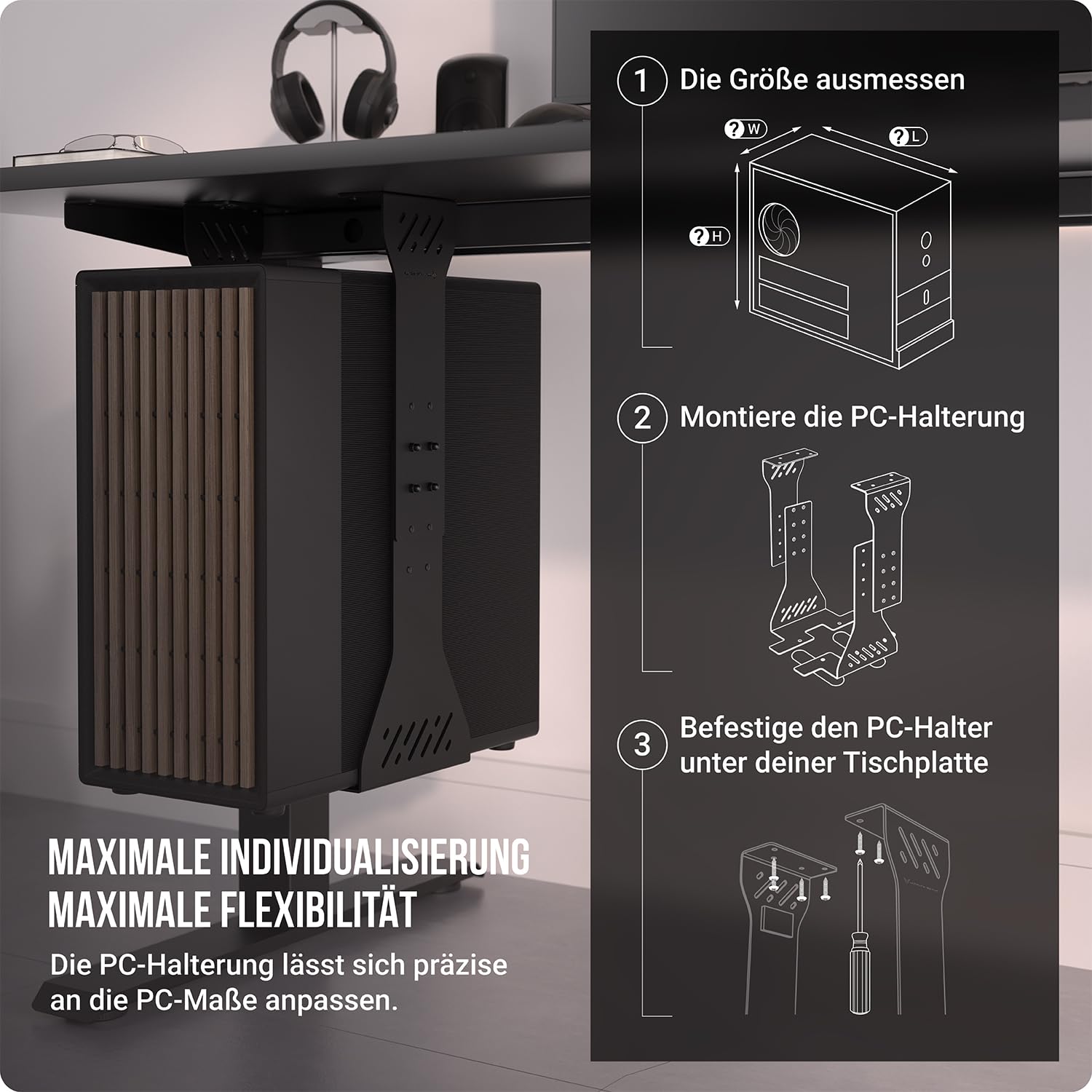 PC Halterung unter Schreibtisch – Schwerlast Computer Halterung unter Schreibtisch – Bis zu 35 kg Tragfähigkeit - Anpassbare Tower Halterung – Flexibler PC Halter für den Schreibtisch (Schwarz)