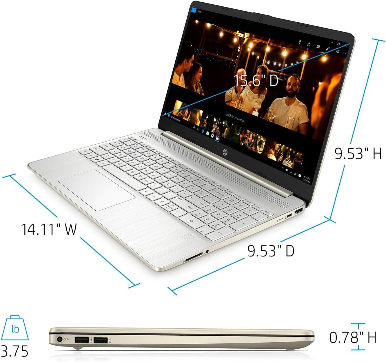 HP 15.6" Everyday Laptop, AMD Efficient Dual-Core Processor, 8GB RAM, 128GB SSD, USB-C, SD Card Reader, HDMI, Wi-Fi & Bluetooth, Long Battery Life, Windows 11 with 1 Year Microsoft 365, Gold