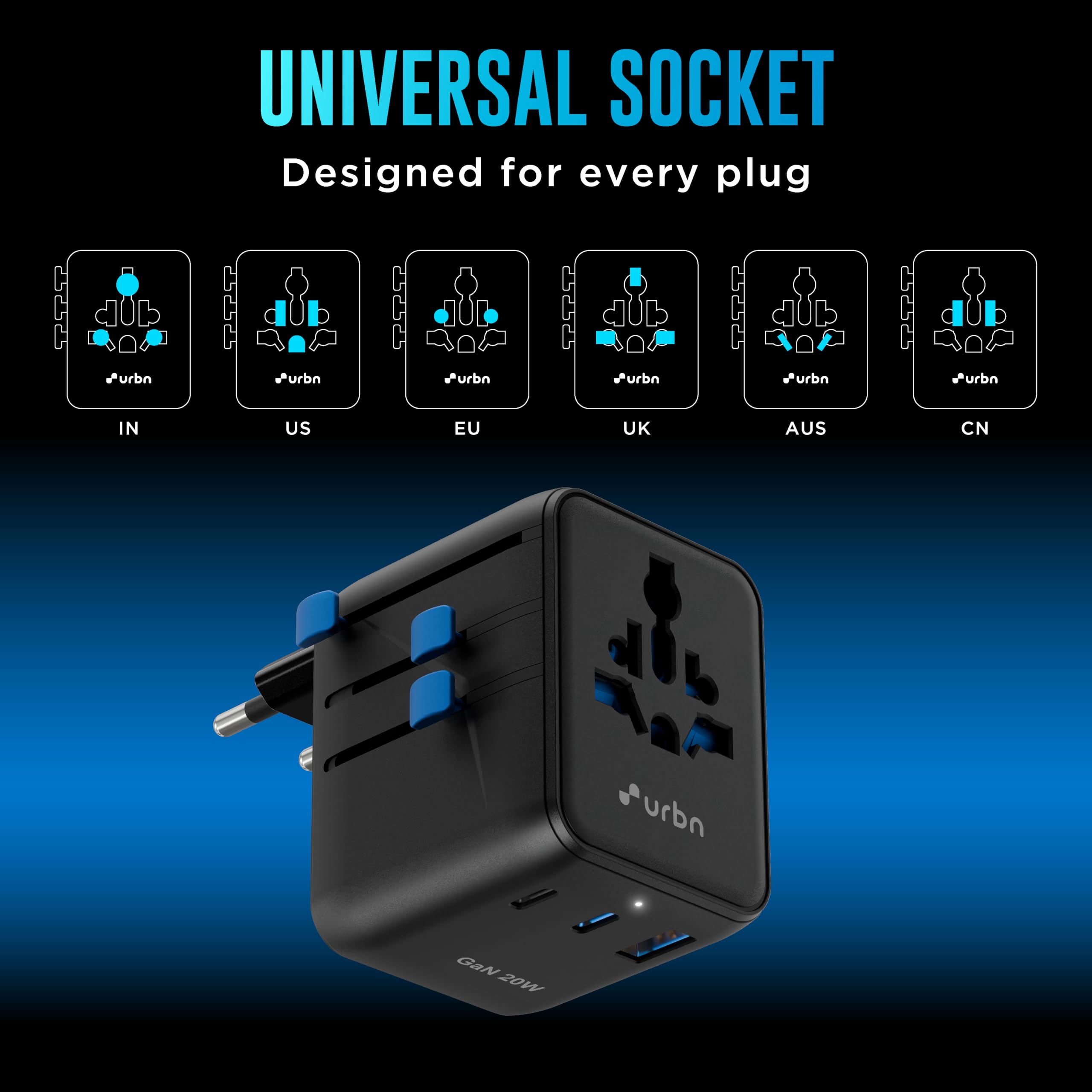URBN 20W GaN Universal Adapter | Charge 4 Devices Simultaneously | 2500W Universal Socket | Dual USB-C + USB-A | Smart Travel Multi Plug | Global Compatibility | 6-Layer Safety Protection — Amazon image 3