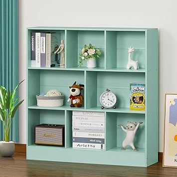 LEYAOYAO 8 Cube Bookshelf with Base,3 Tier Modern Mint-Green Kids Bookcase,Standing Wide Bookshelves Storage Organizer Toy Shelf,Wood Display Children's Book Shelves for Bedroom,Living Room,Nursery