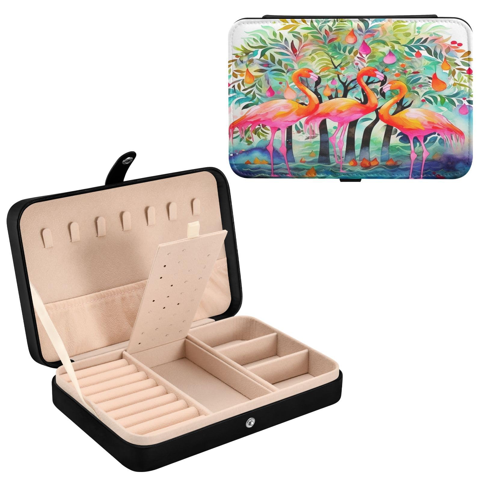 Haskirky Watercolor Flamingos Jewelry Box Portable PU Leather Travel Jewelry Organize for Women Jewelry Storage Display Holder for Ring, Necklace, Earring