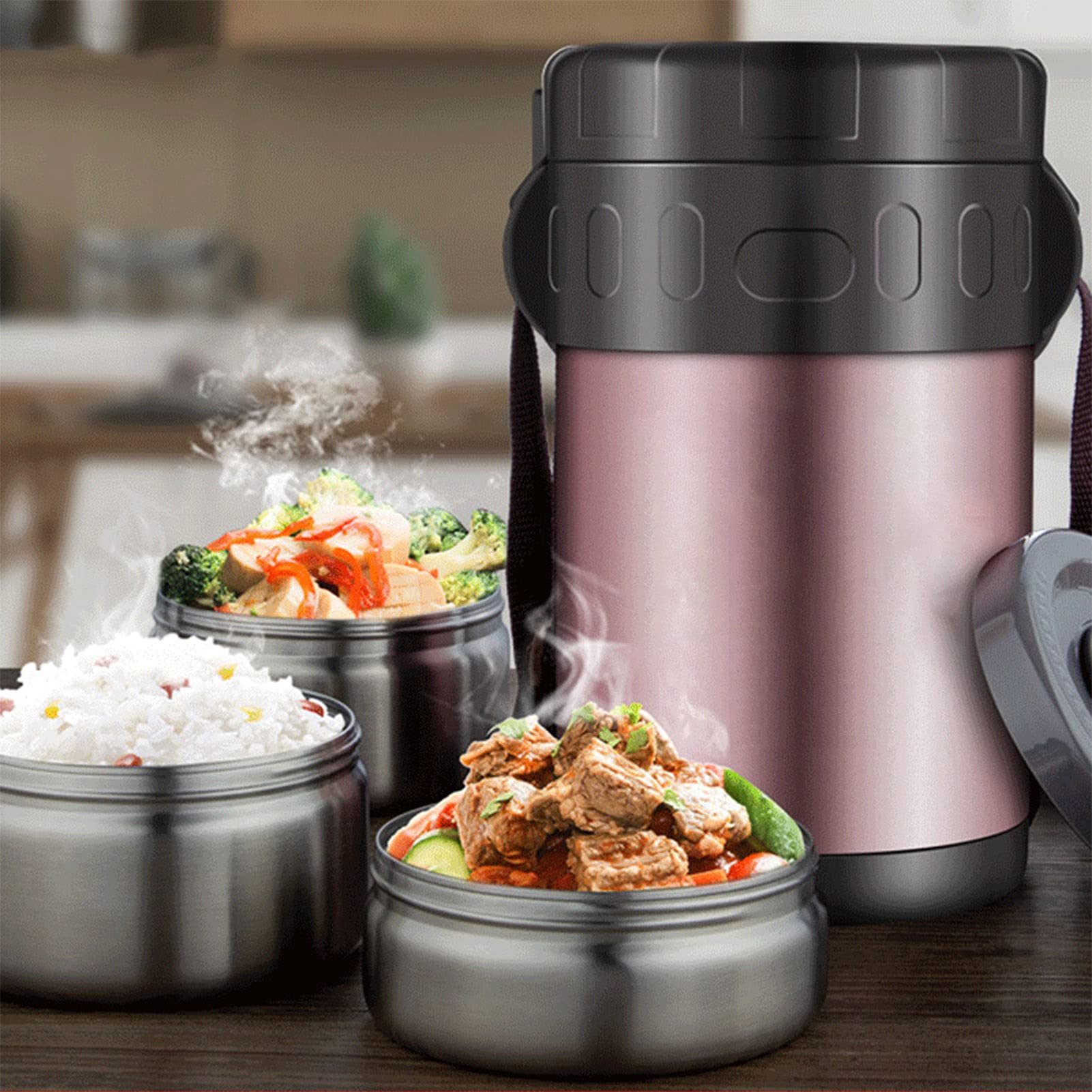 Frasco Aislante térmico para Alimentos,Fiambrera Térmica de Acero Inoxidable con Bolsa de Almuerzo, Caja bento Fiambreras Bento para niños y Adultos,1.5L