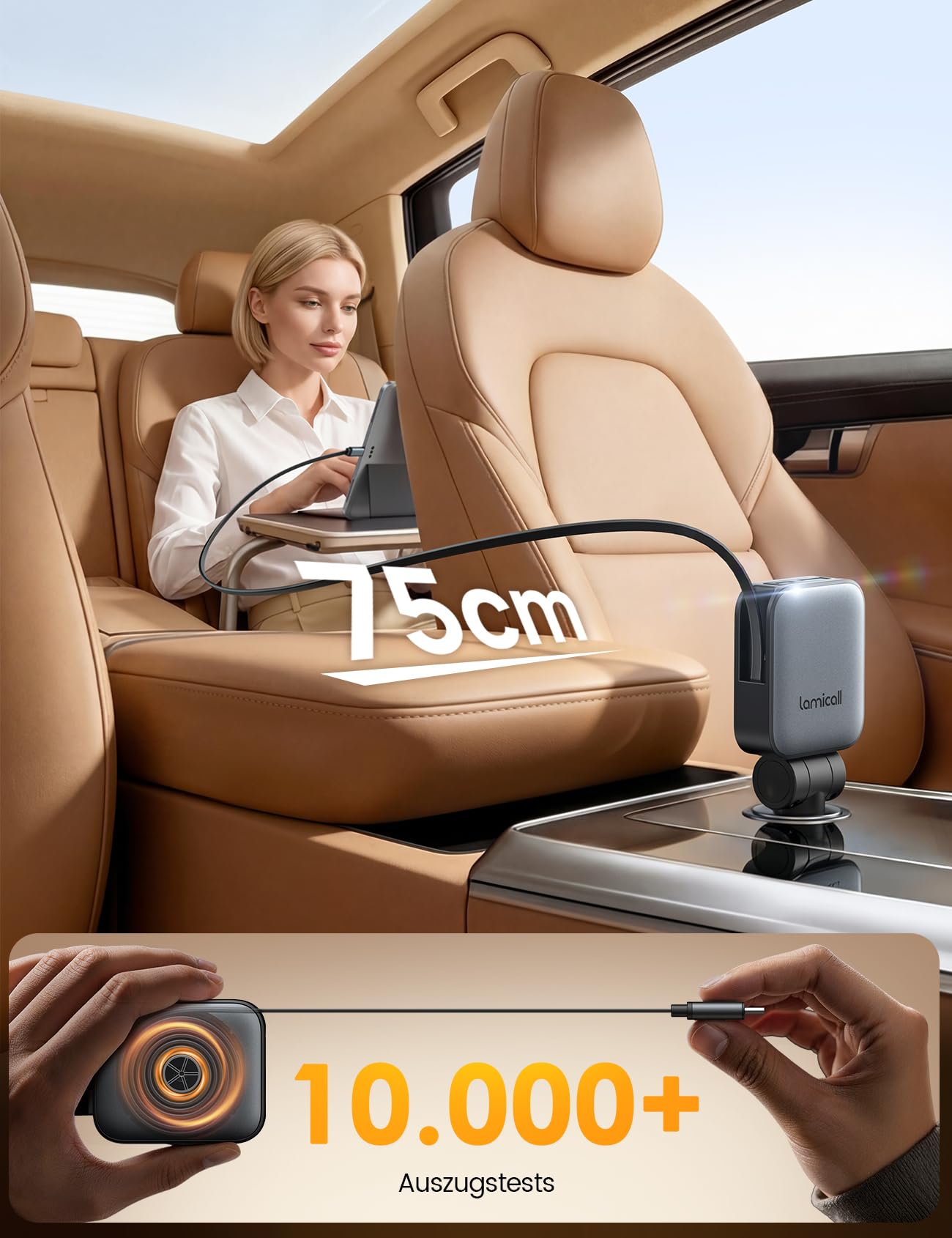 Lamicall 3 IN 1 Zigarettenanzünder USB C Auto Ladegerät - [Ultradünn - Um 75% Kleiner] 63W USB Adapter Auto mit einziehbare Typ-C Kabel/USB C/USB A, 24/12V KFZ Schnellladegerät Auto für iPhone/Samsung