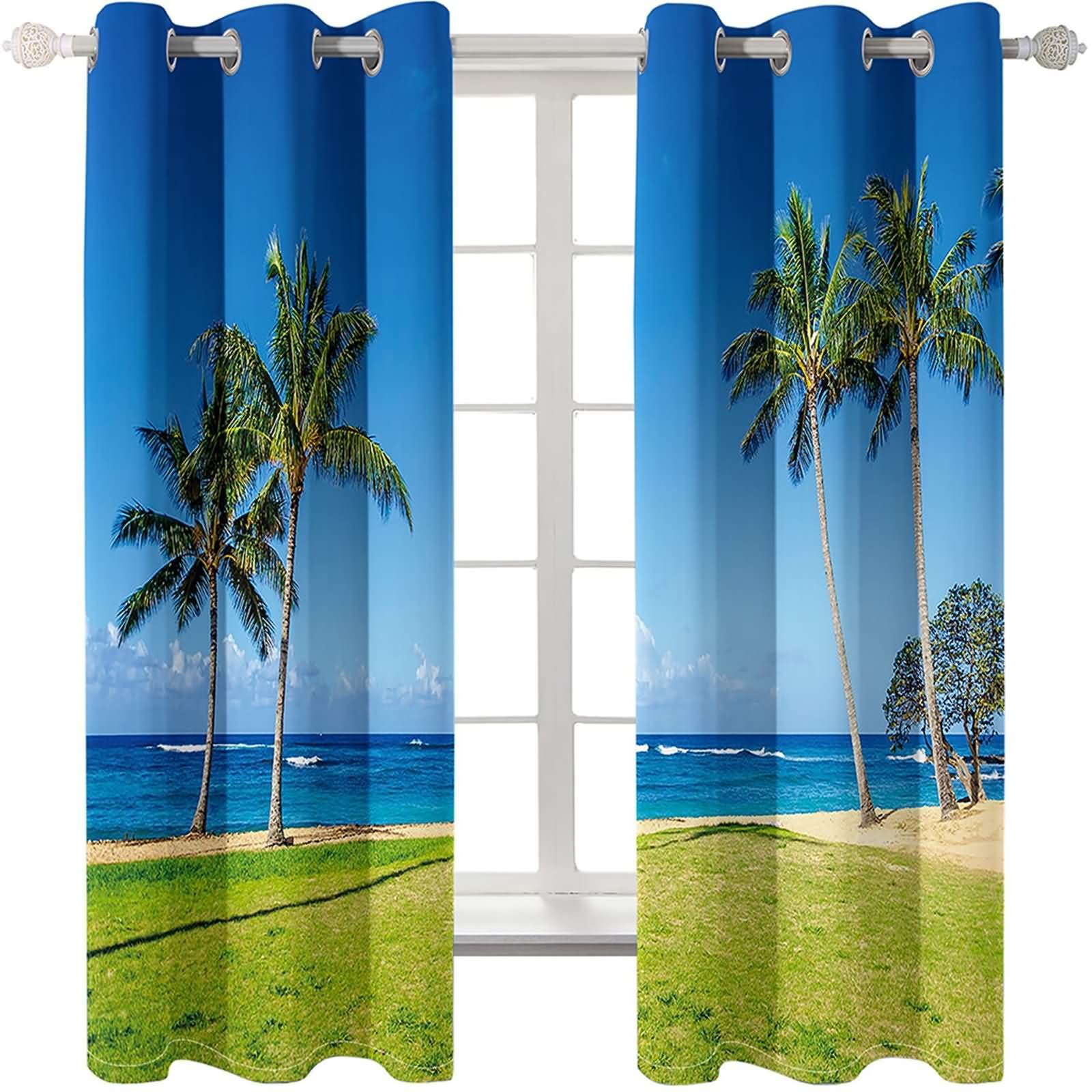 Tende Soggiorno Occhielli,2 x 86W x 160H CM,Tenda Stanzetta Oscurante 2 Pannelli Paesaggio di Palma Spiaggia Tenda Blu Verde da Cucina