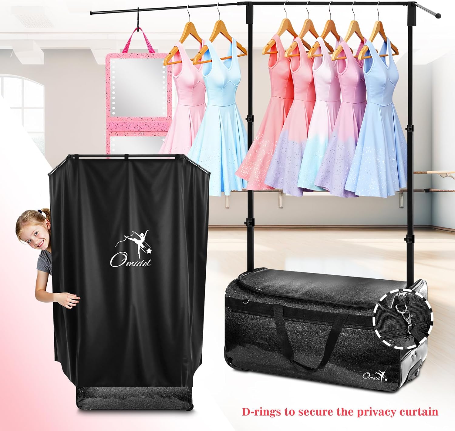 Dance Bag with Garment Rack and Curtain, 23" Rolling Dance Competition Duffle Bag with Garment Rack | Portable Dance Changing Room Suitcase for Dancers Athlete Livestreamer Cheerleaders 23" Glitter Black