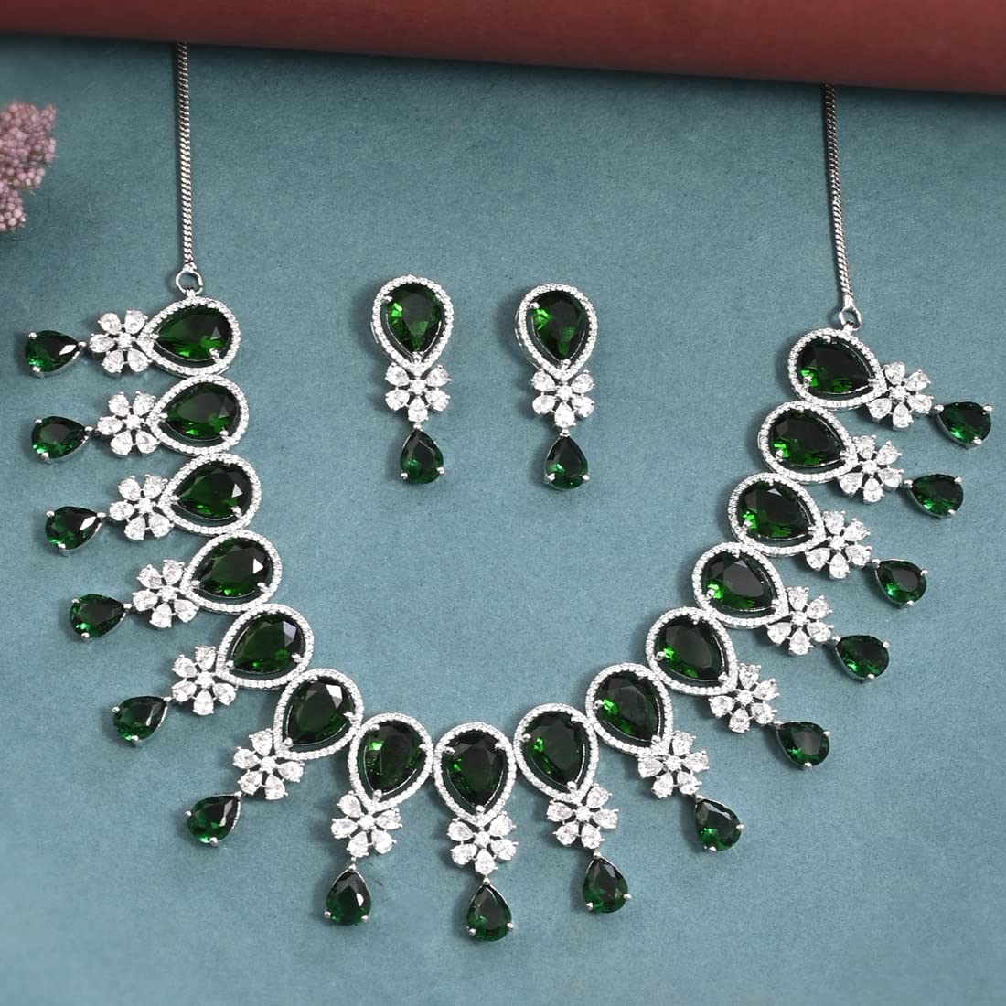 Green Teardrop Zircons Jewellery Set, CZ Elegance