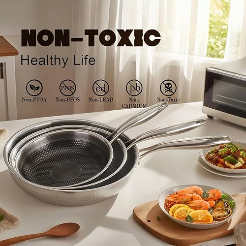 Miniatura 7 de Hybrid - Juego de sartenes antiadherentes de acero inoxidable de 8, 10, 12 pulgadas, sartenes antiadherentes, sin PFOA, aptas para lavavajillas y