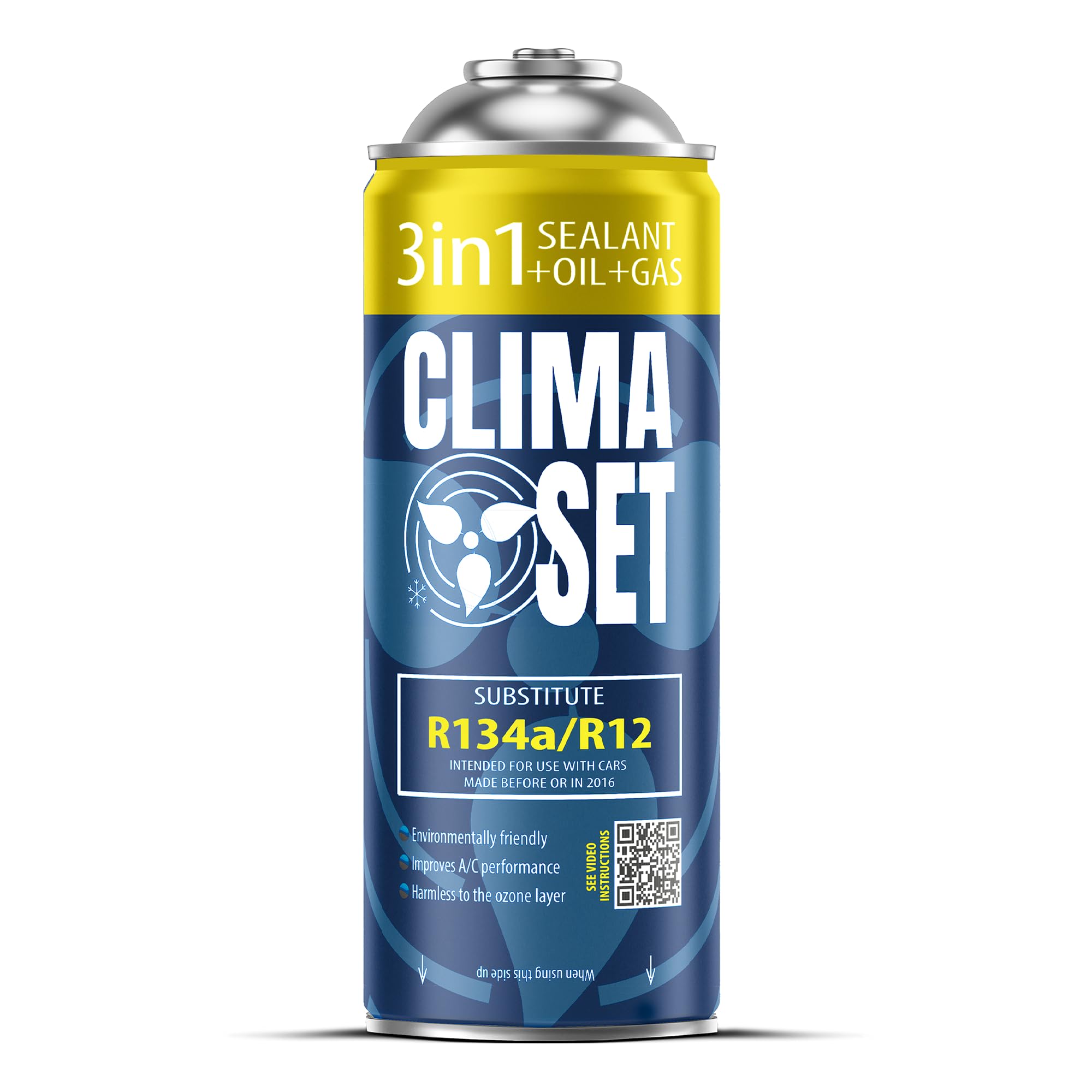 ClimaSet 3in1 Refrigerante di ricambio R134a 170 g - refrigerante R134a, R12 e Olio e Turafalle con tubo gas e manometri condizionatori - kit ricarica clima auto - ECO bombola