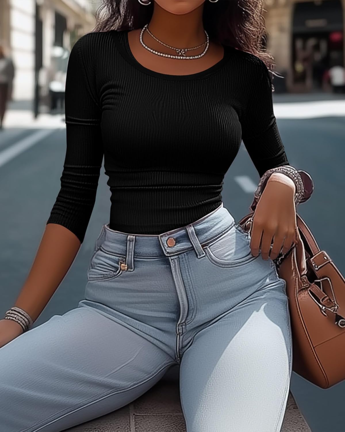 Huukeay 3 Pack Women's Ribbed 3/4 Sleeve Shirts, Scoop Neck Slim Fit Tops Summer Stretchy Casual Base Layer Basic Tee Blouses - Image 7