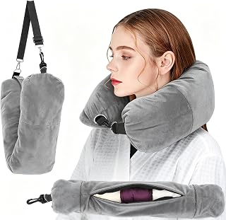 Rimotedeso Nackenkissen Flugzeug, Reisekissen Befüllbar mit Kleidung, Weicher Samt mit Reißverschluss, Platzsparend Waschbar, Verstellbarer Gurt für Camping Auto, Grau 90x18cm