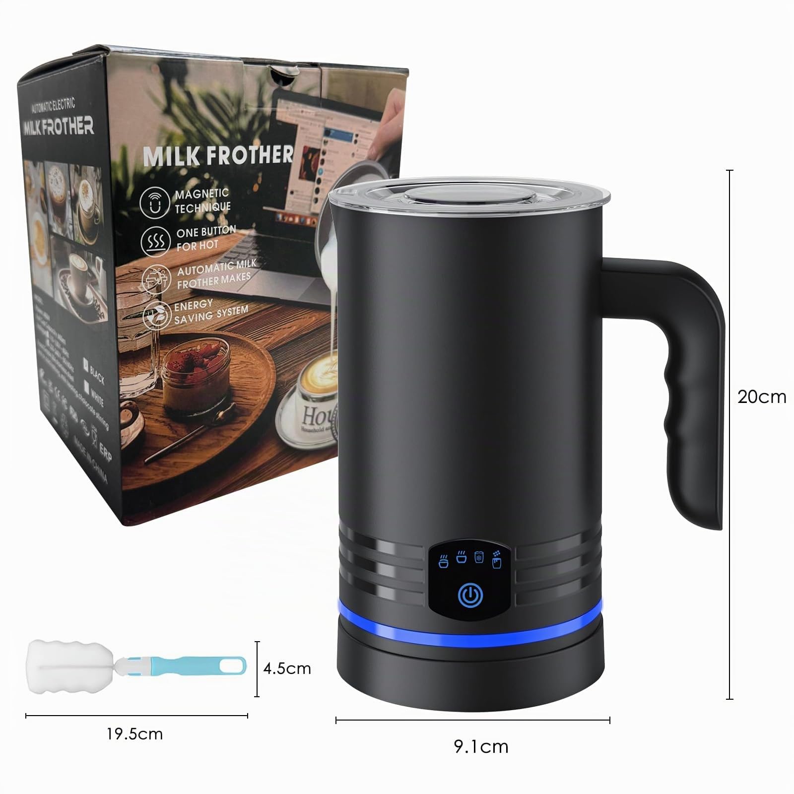 Espumador de Leche Eléctrico 4 en 1,600W Espumador Automático para Leche Caliente y Fría,430ML,Apagado Automático,Revestimiento Antiadherente,Silencioso,Capuchinos,Macchiato,Chocolate Caliente (Negro)