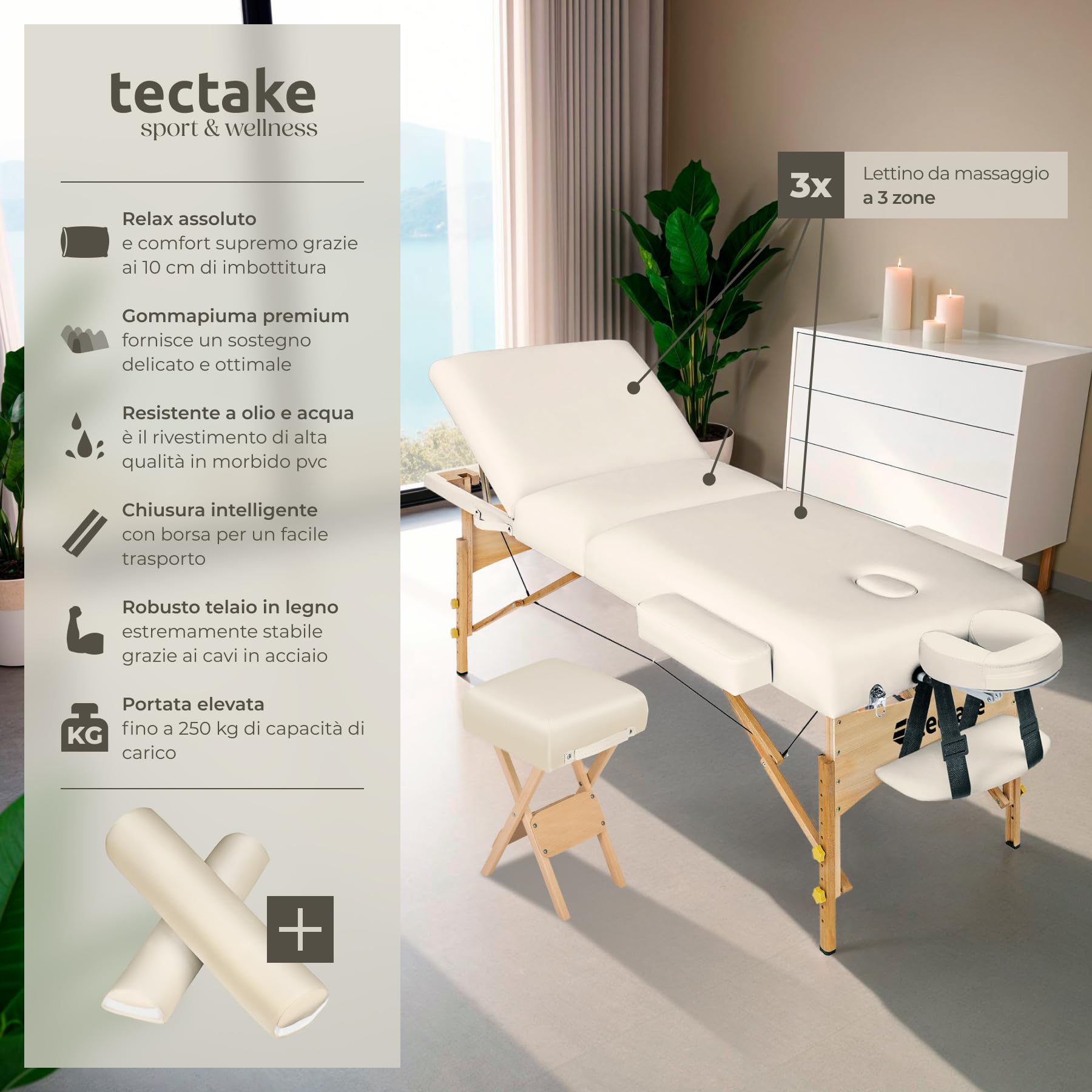 tectake® Lettino Massaggio portatile, Morbida Imbottitura, Poggiatesta, letto pieghevole, Legno, lettino estetista, fisioterapia, Lettino Tattoo - Beige