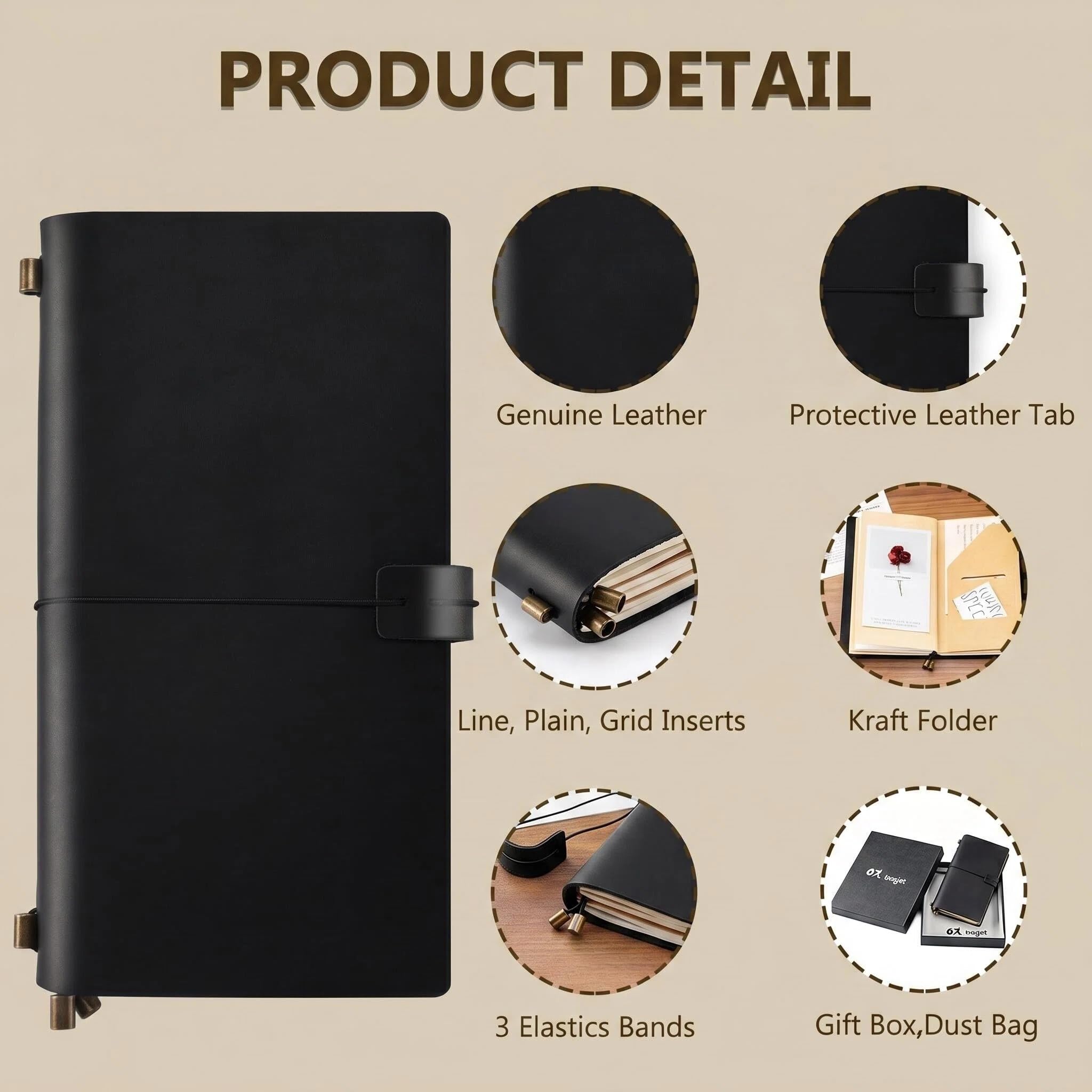 Ox Knight Carnet de voyage en cuir, 21,8 x 11,6 cm, rechargeable style vintage, journal de voyage en cuir fait à la main avec dossier kraft et 3 inserts (noir)