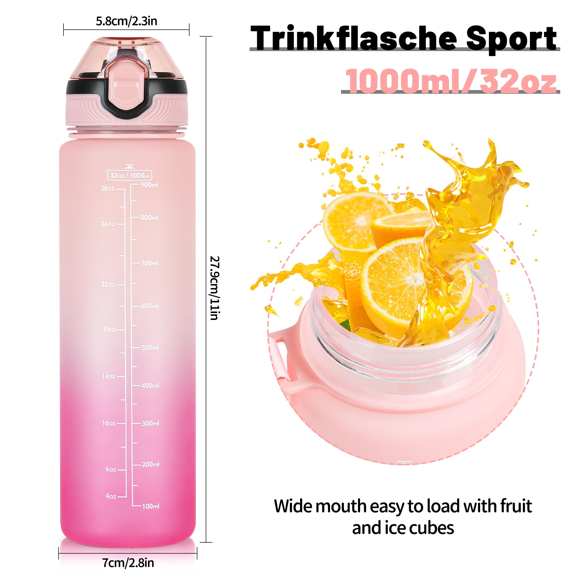 DUNSOO Borraccia 1L, Borraccia con Cannuccia con Del Tempo Motivazionale, Borraccia Sportiva, Tritan Senza BPA Bottiglia Acqua, con Spazzola per la Pulizia per Palestra, Yoga - Rosa